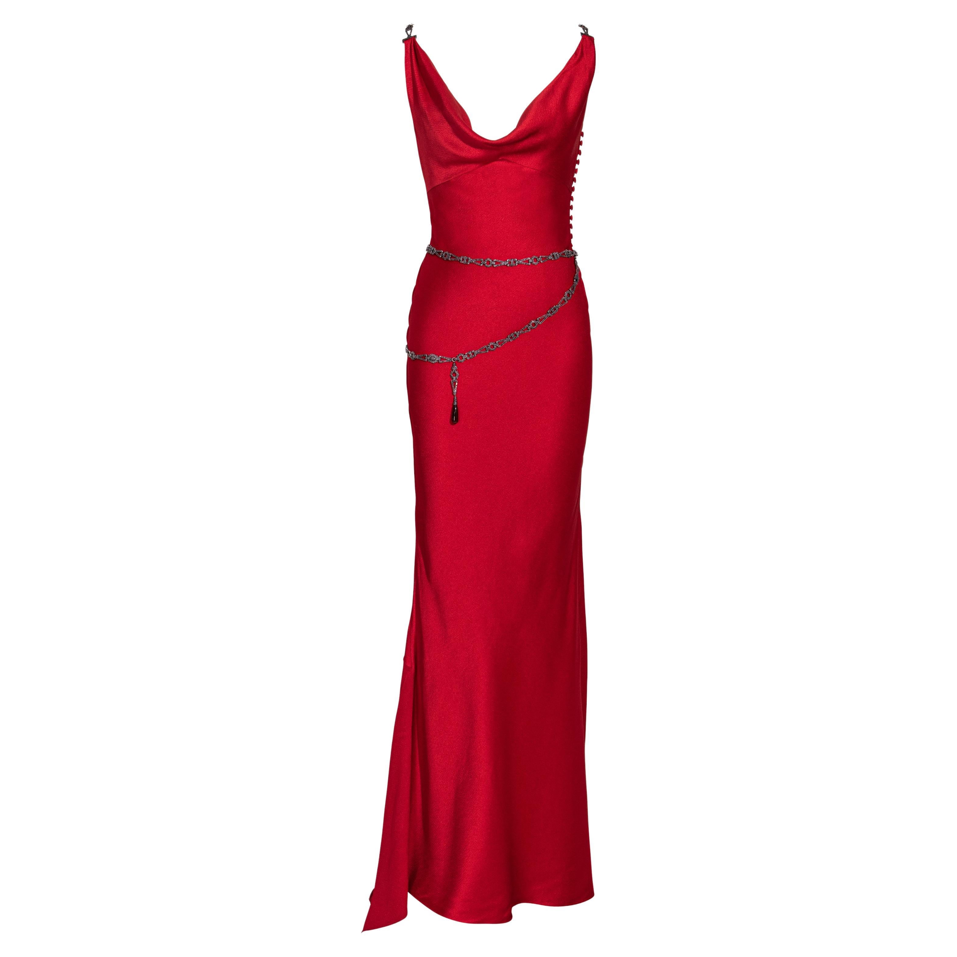 S/S 2000 Christian Dior by John Galliano Red Bias Cut Gown with Jeweled Belt