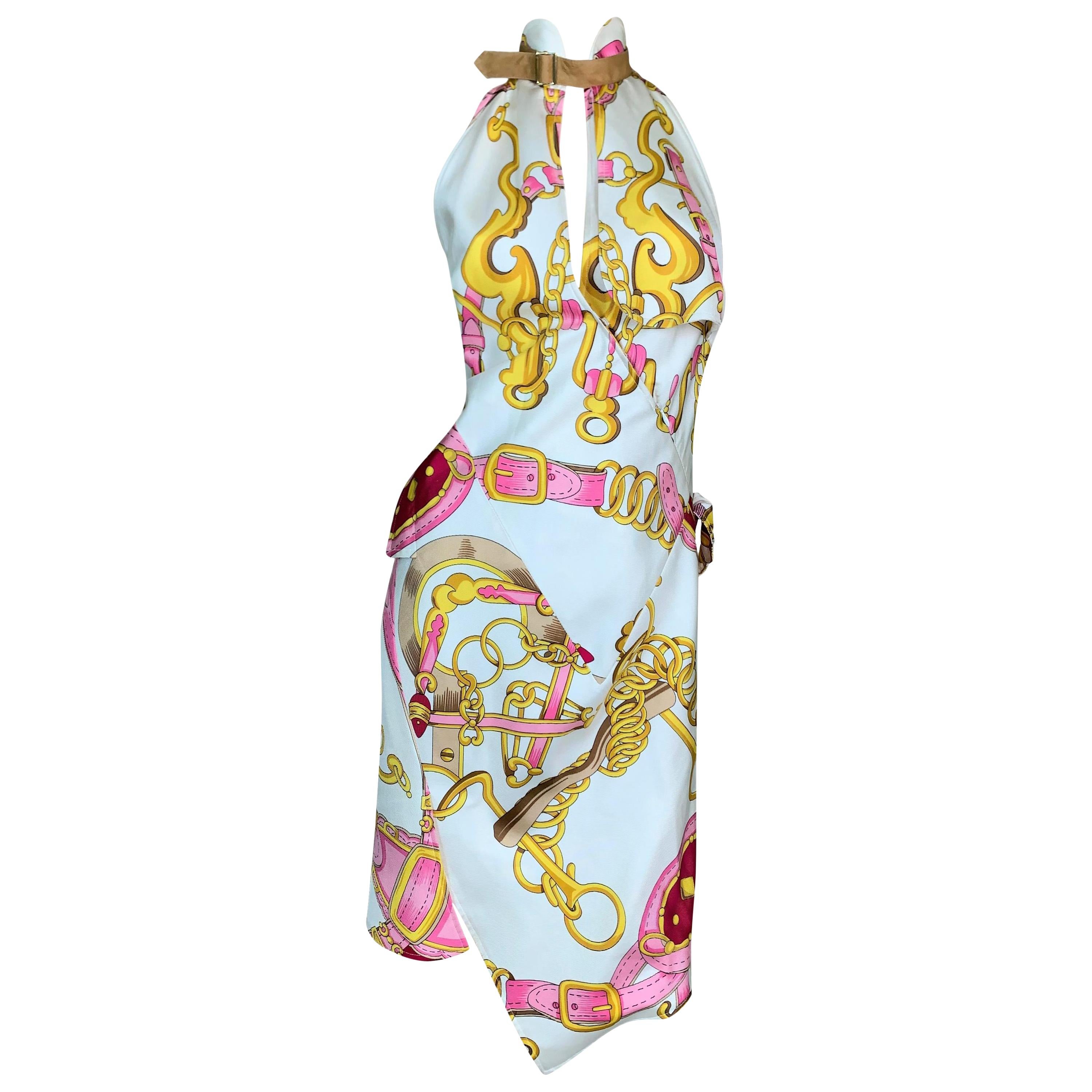 S/S 2000 Christian Dior John Galliano Runway Pink Gold Chain Print Silk Dress