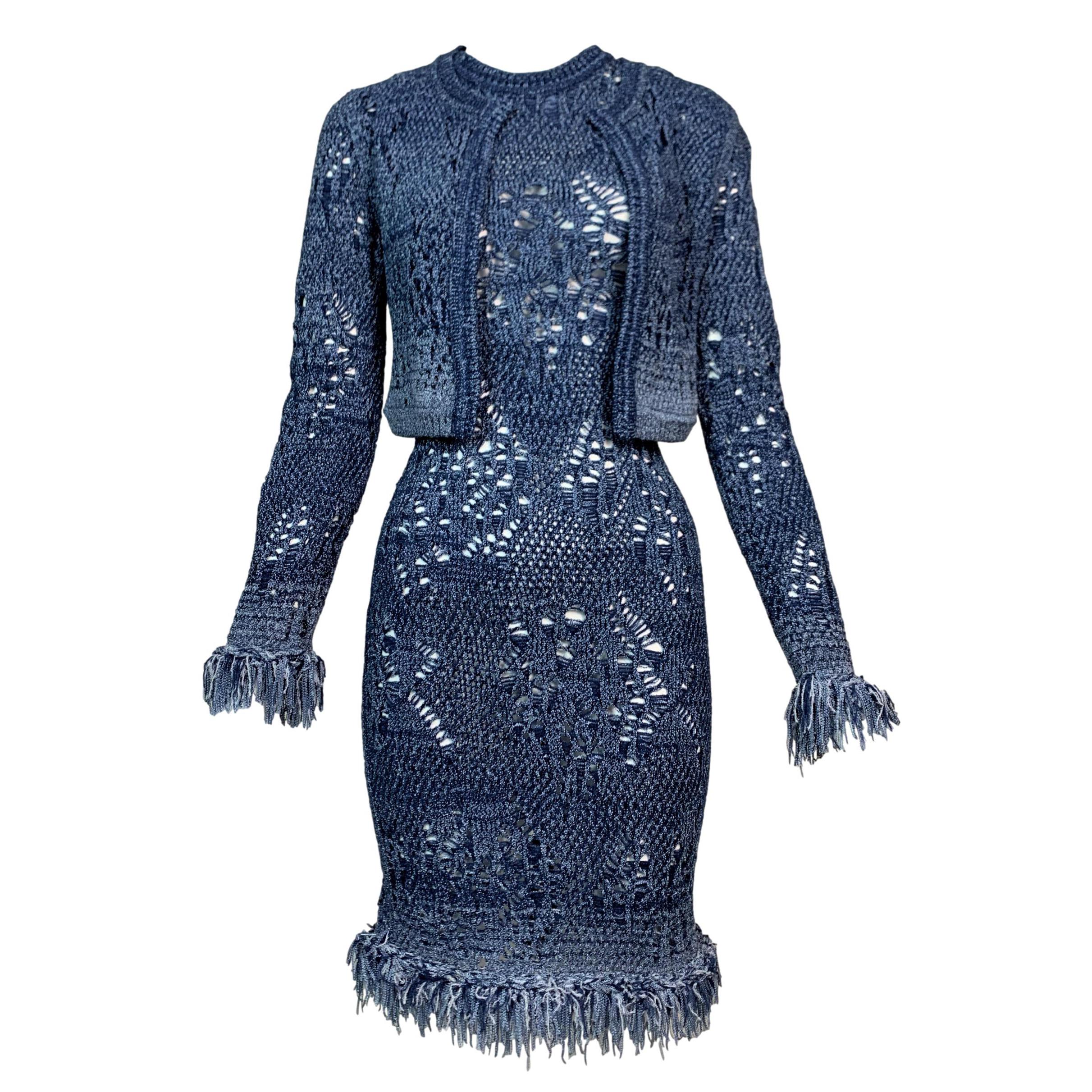 S/S 2000 Christian Dior John Galliano Runway Sheer Blue Knit Dress & Jacket