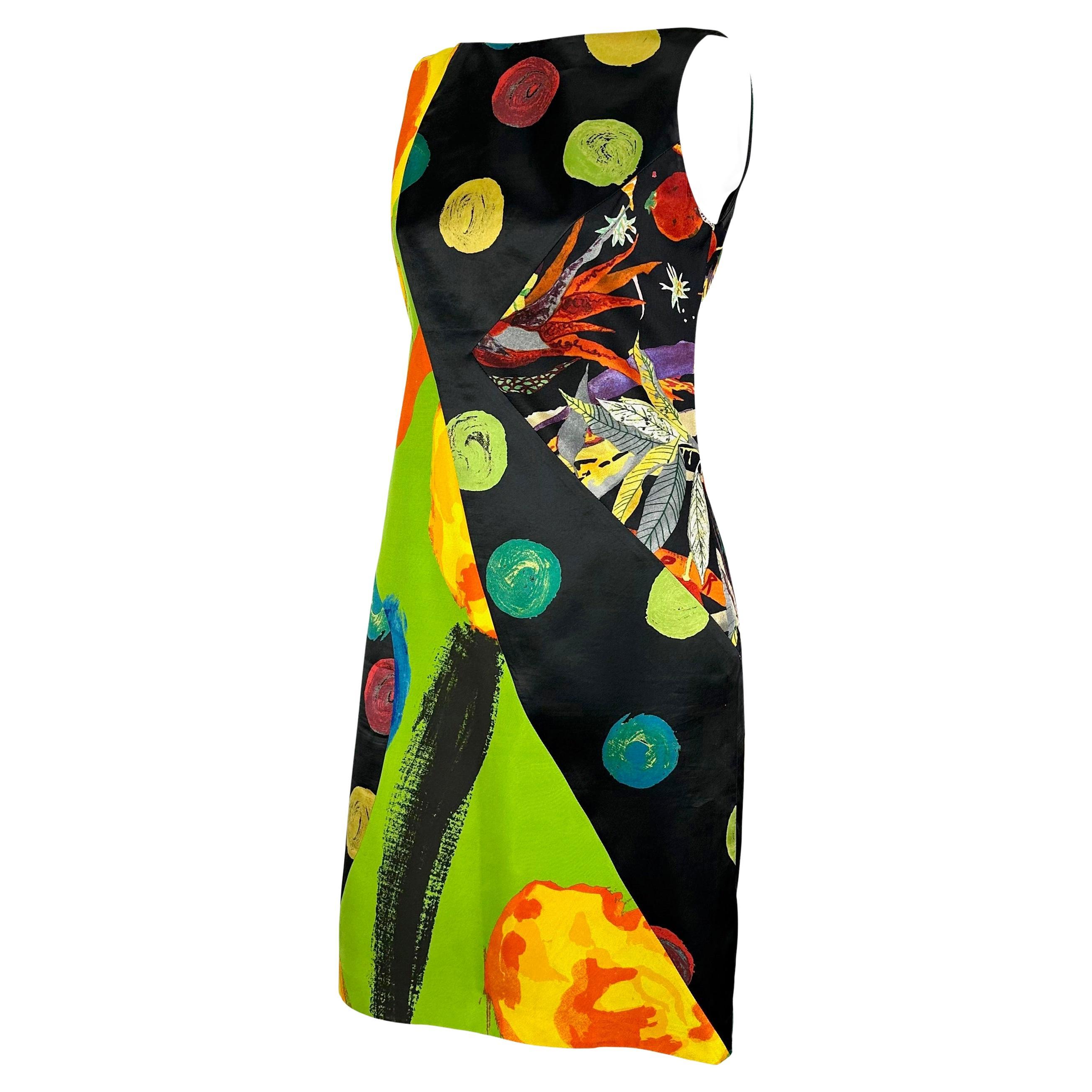 Black S/S 2000 Christian Lacroix Abstract Multicolor Print Panel Dress Runway 