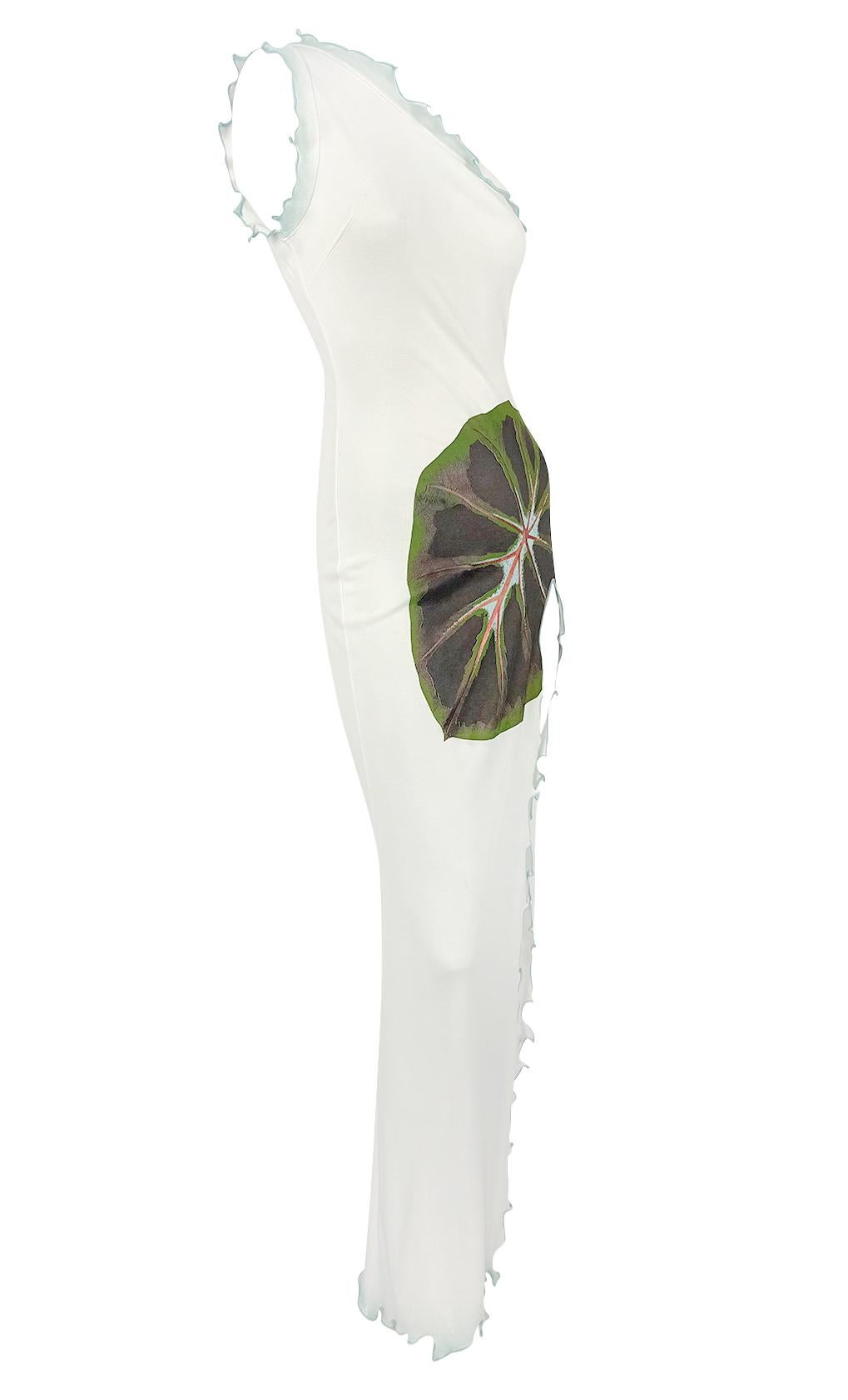 S/S 2000 Christian Lacroix High-Slit White Asymmetric Maxi Ruffle Trim Dress For Sale 1
