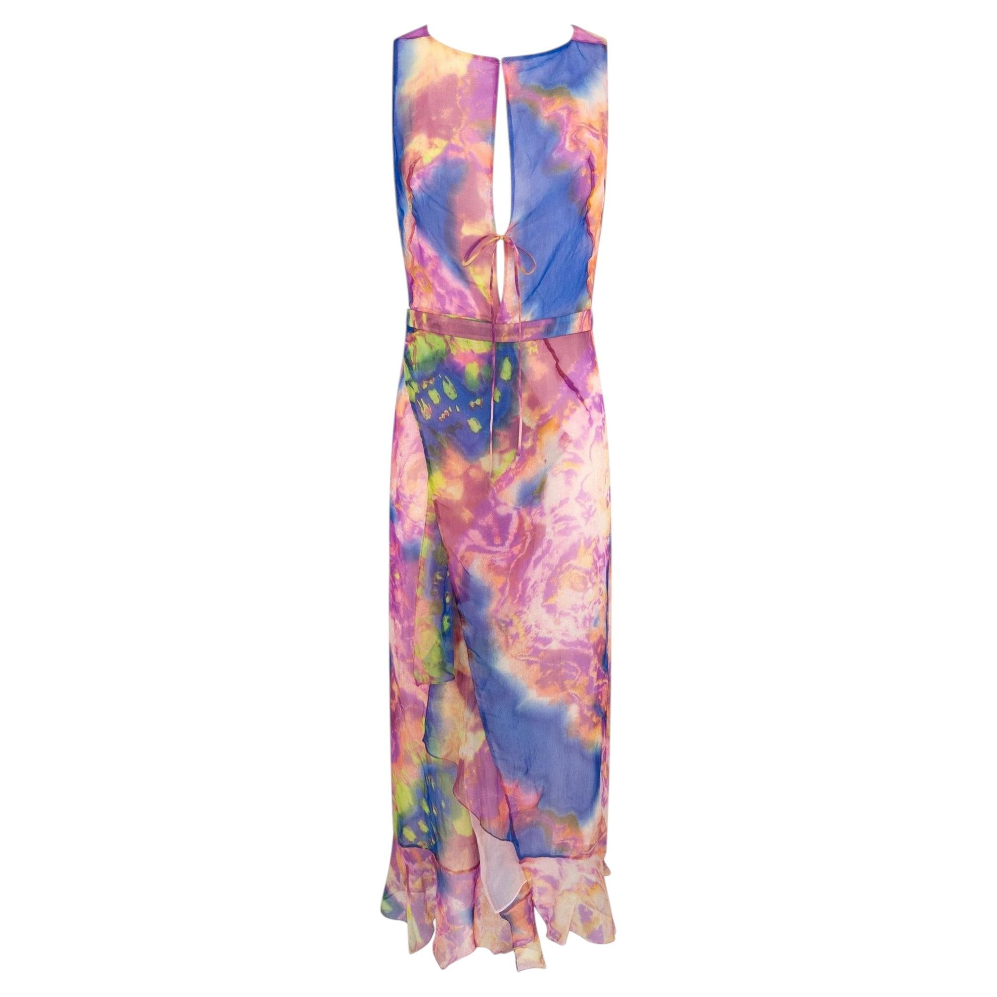 S/S 2000 Christian Lacroix Laufsteg-Prototyp: Durchsichtiges, rosa Tie-Dye-Kleid mit tiefem Ausschnitt