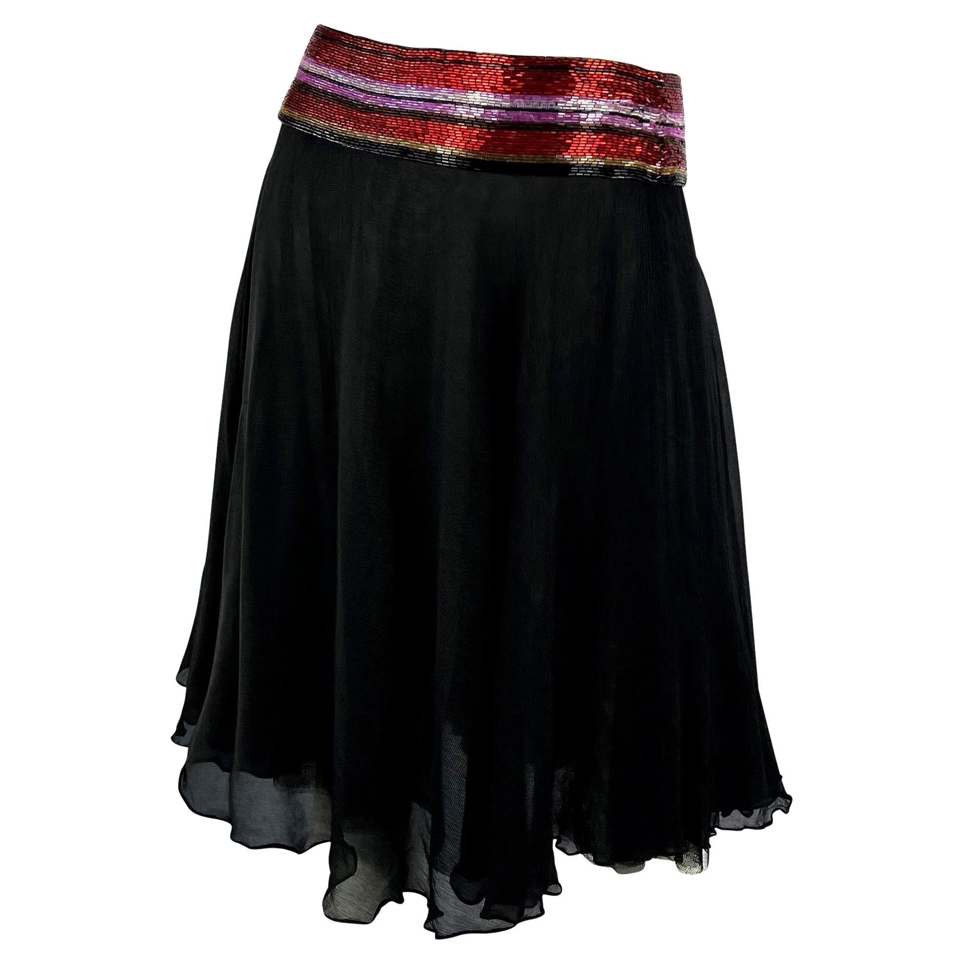 S/S 2000 Dolce & Gabbana Beaded Black Silk Chiffon Red Stripe Waistband Skirt In Good Condition For Sale In West Hollywood, CA