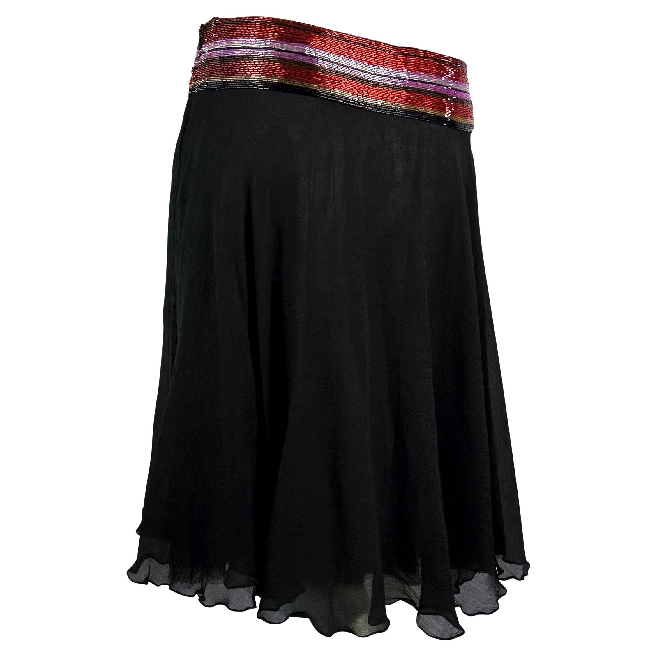 Women's S/S 2000 Dolce & Gabbana Beaded Black Silk Chiffon Red Stripe Waistband Skirt For Sale