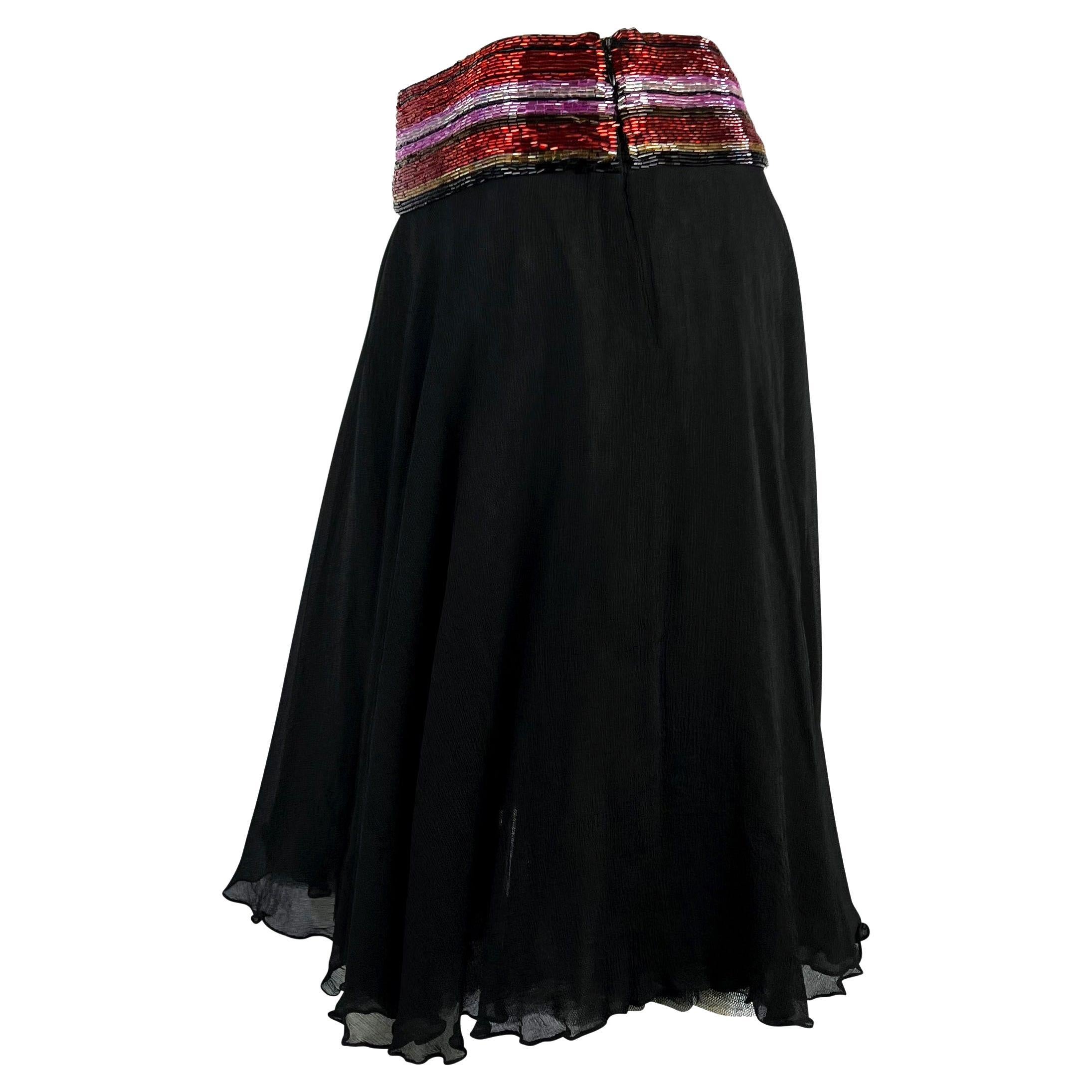 S/S 2000 Dolce & Gabbana Beaded Black Silk Chiffon Red Stripe Waistband Skirt For Sale 1