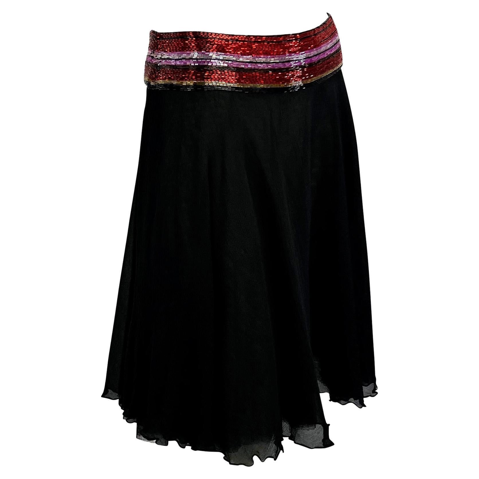 S/S 2000 Dolce & Gabbana Beaded Black Silk Chiffon Red Stripe Waistband Skirt For Sale 2