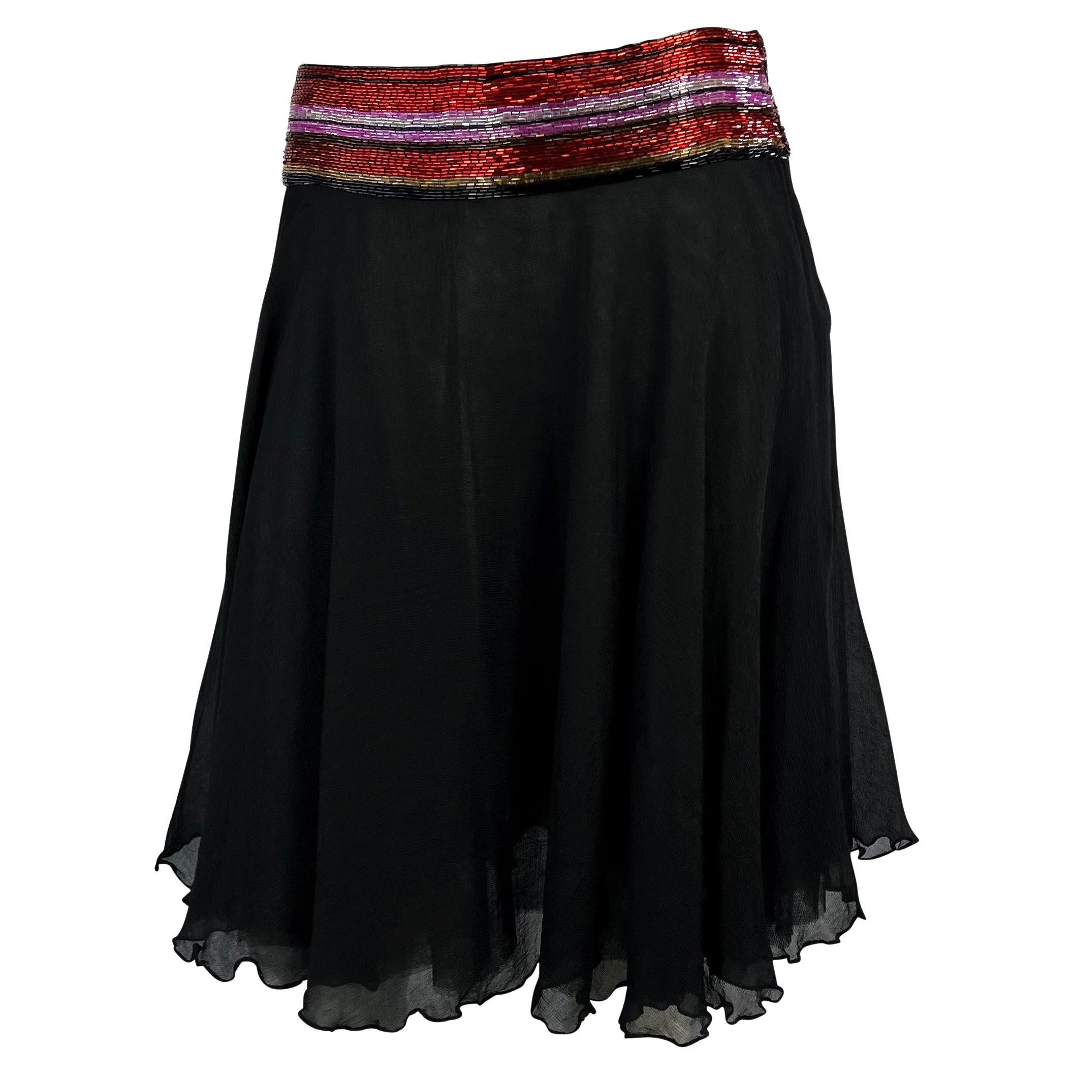 S/S 2000 Dolce & Gabbana Beaded Black Silk Chiffon Red Stripe Waistband Skirt For Sale