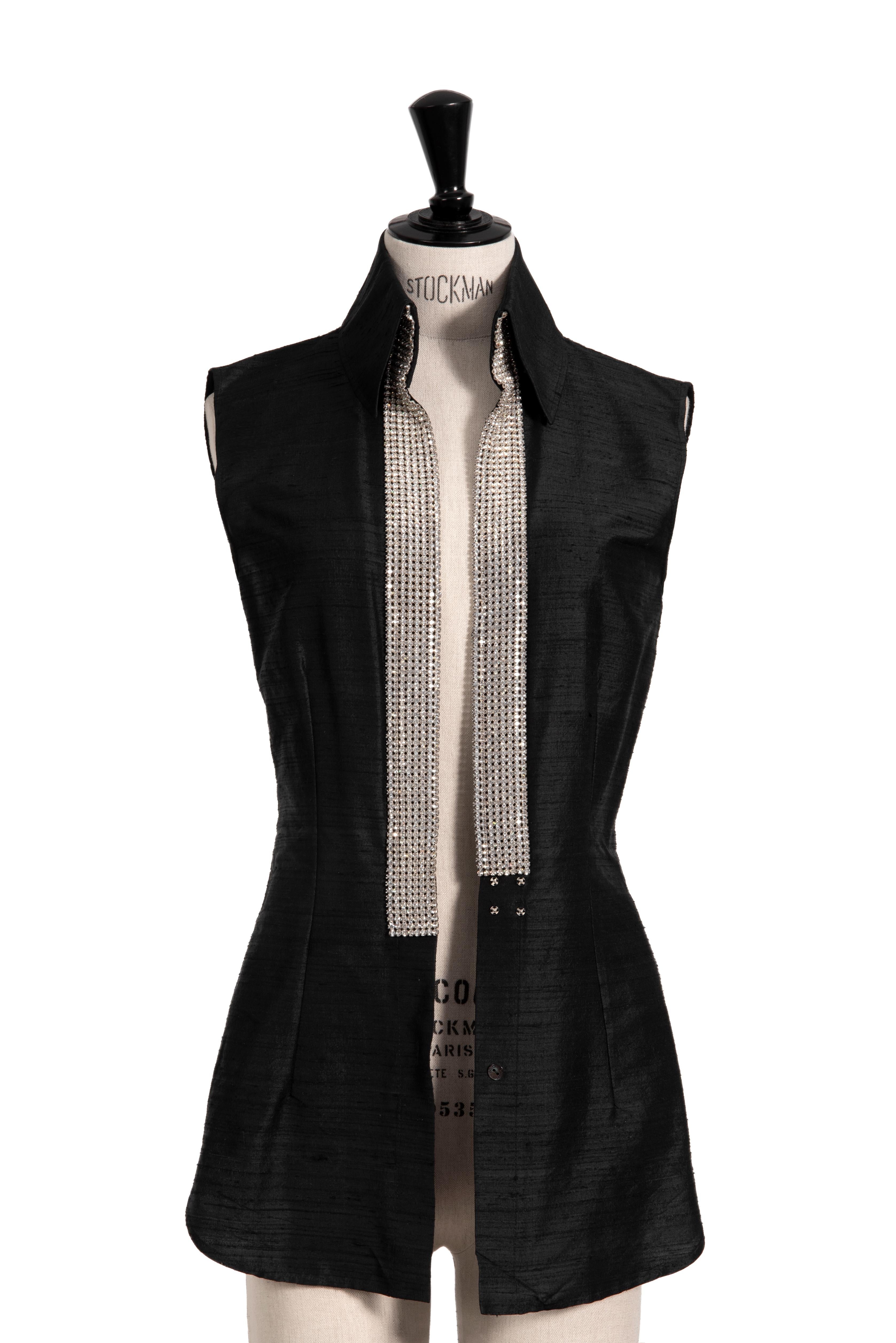S/S 2000 DOLCE & GABBANA Black Sleeveless Rhinestone Embellished Raw Silk Top For Sale 2