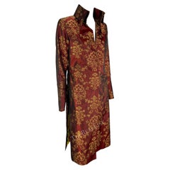 S/S 2000 Dolce & Gabbana Burgundy Satin Gold Jacquard Woven Long Coat