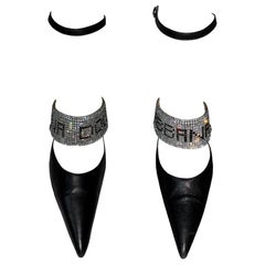 S/S 2000 Dolce & Gabbana Crystal Logo Black Leather High Heels 38.5