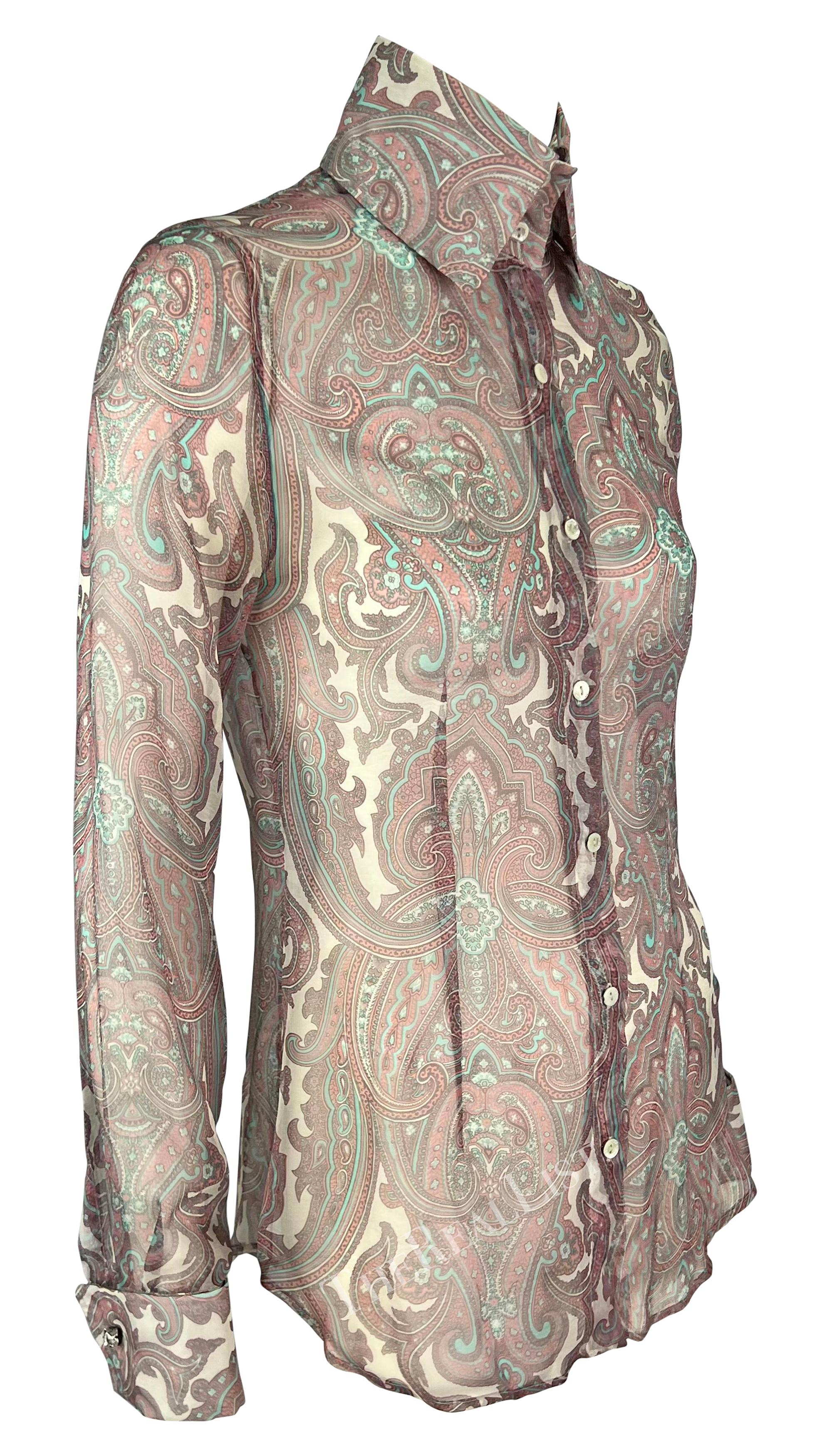 S/S 2000 Dolce & Gabbana Pink Paisley Sheer Button Rhinestone Cuff Shirt For Sale 7