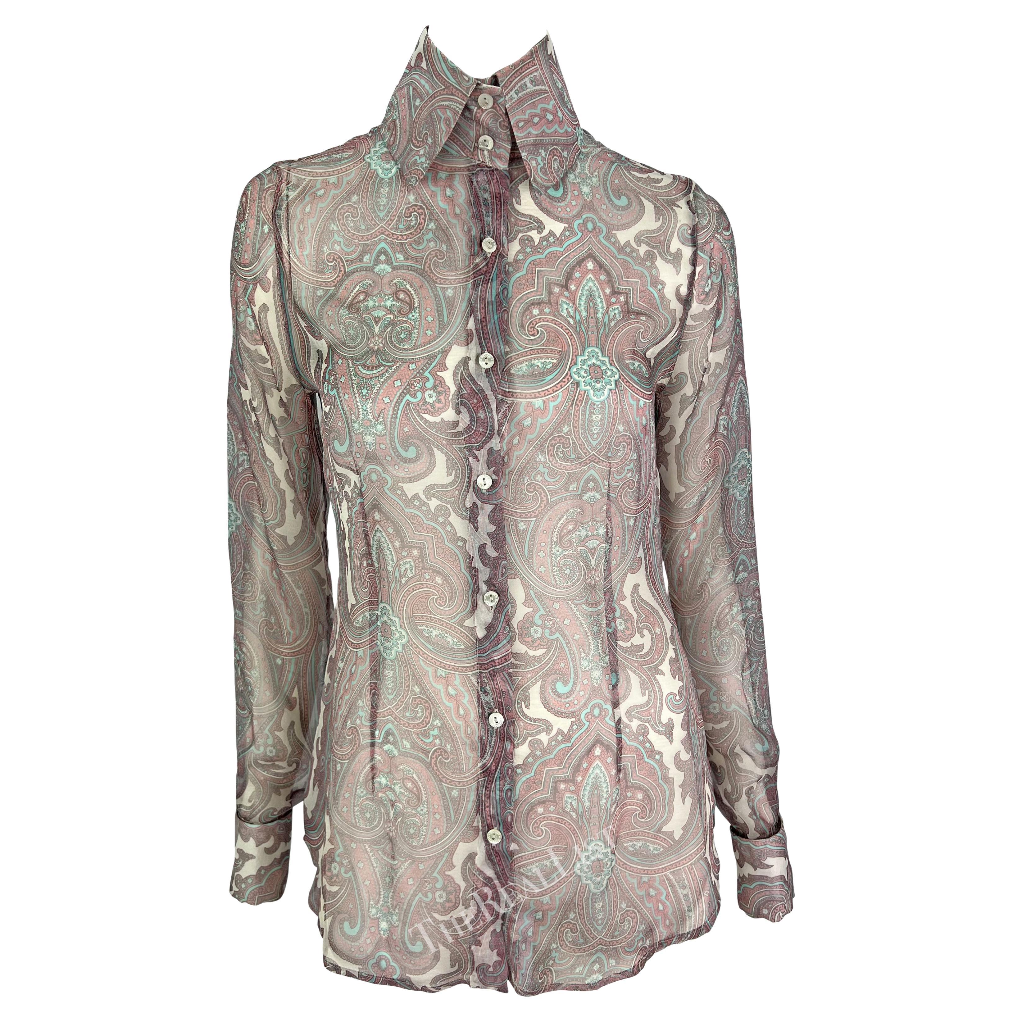 Women's S/S 2000 Dolce & Gabbana Pink Paisley Sheer Button Rhinestone Cuff Shirt For Sale
