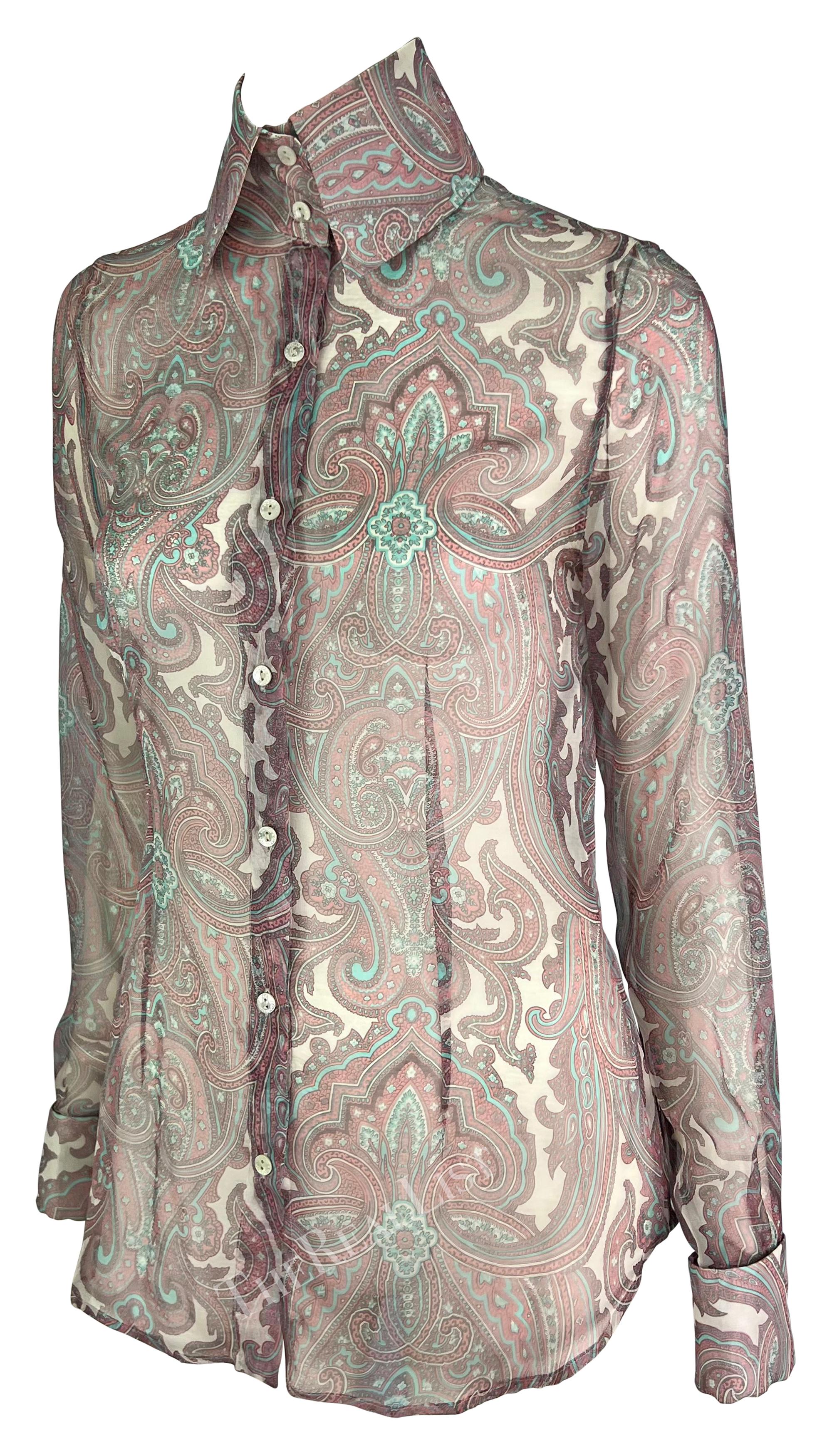 S/S 2000 Dolce & Gabbana Pink Paisley Sheer Button Rhinestone Cuff Shirt For Sale 2
