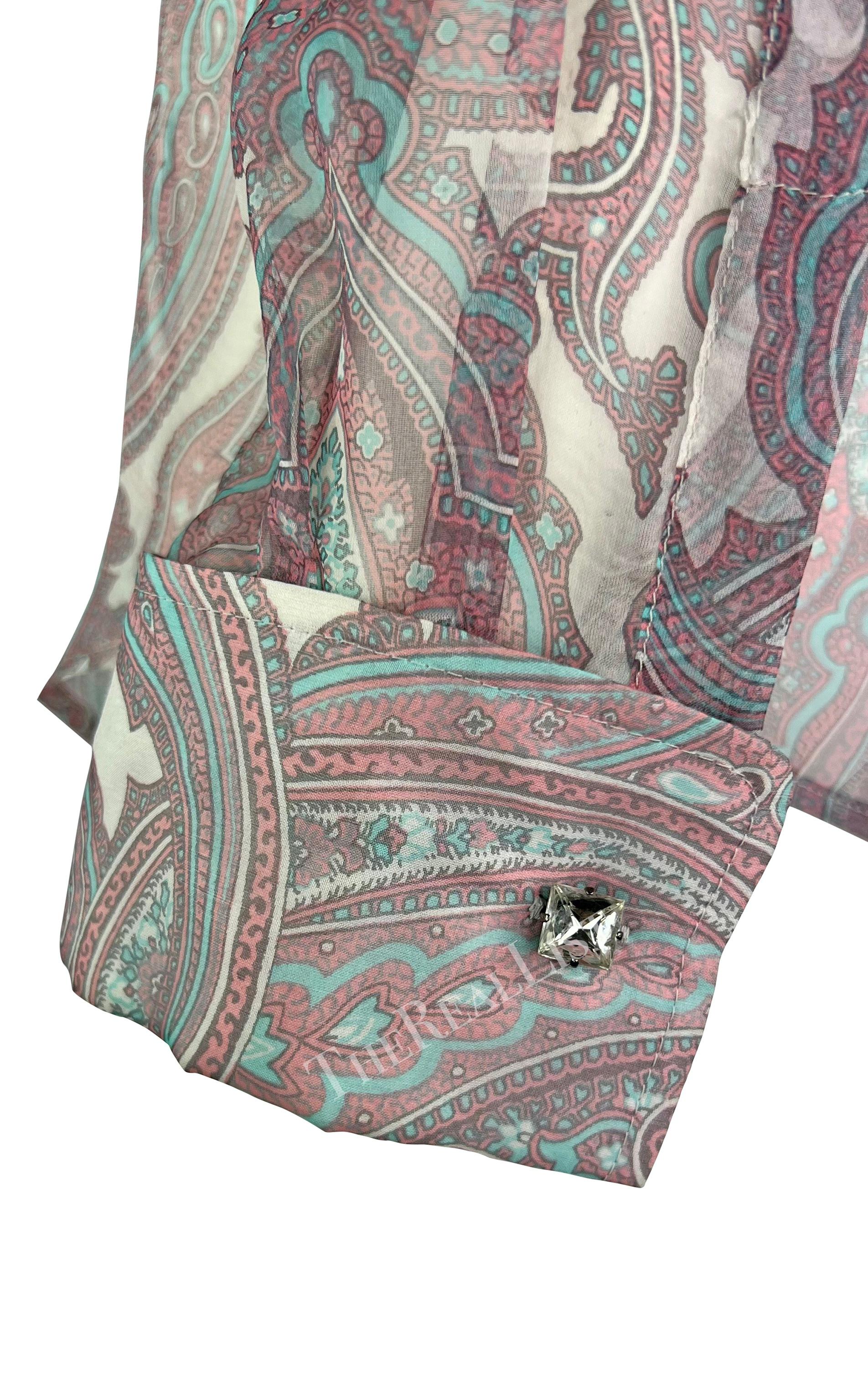 S/S 2000 Dolce & Gabbana Pink Paisley Sheer Button Rhinestone Cuff Shirt For Sale 4