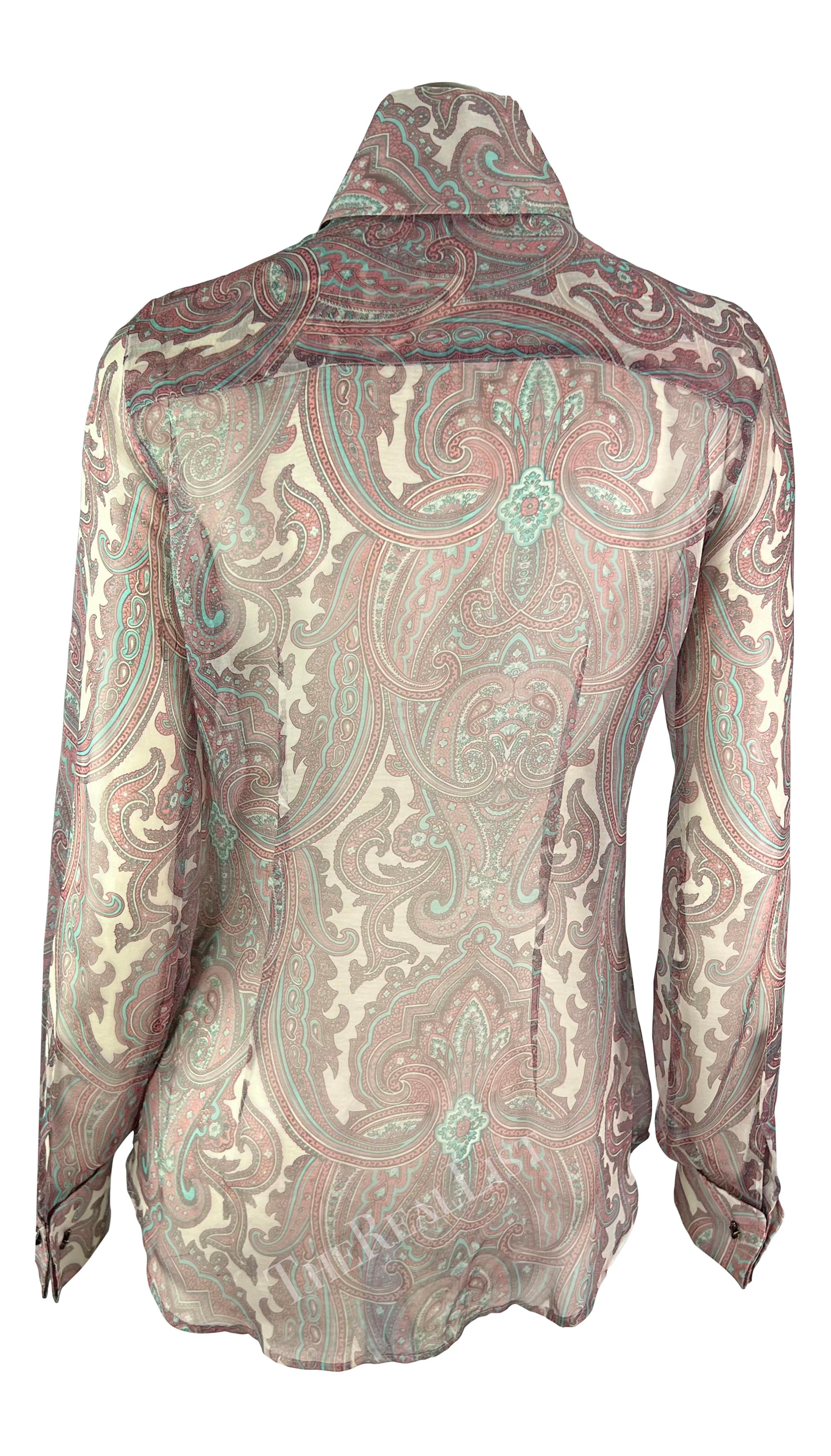 S/S 2000 Dolce & Gabbana Pink Paisley Sheer Button Rhinestone Cuff Shirt For Sale 5