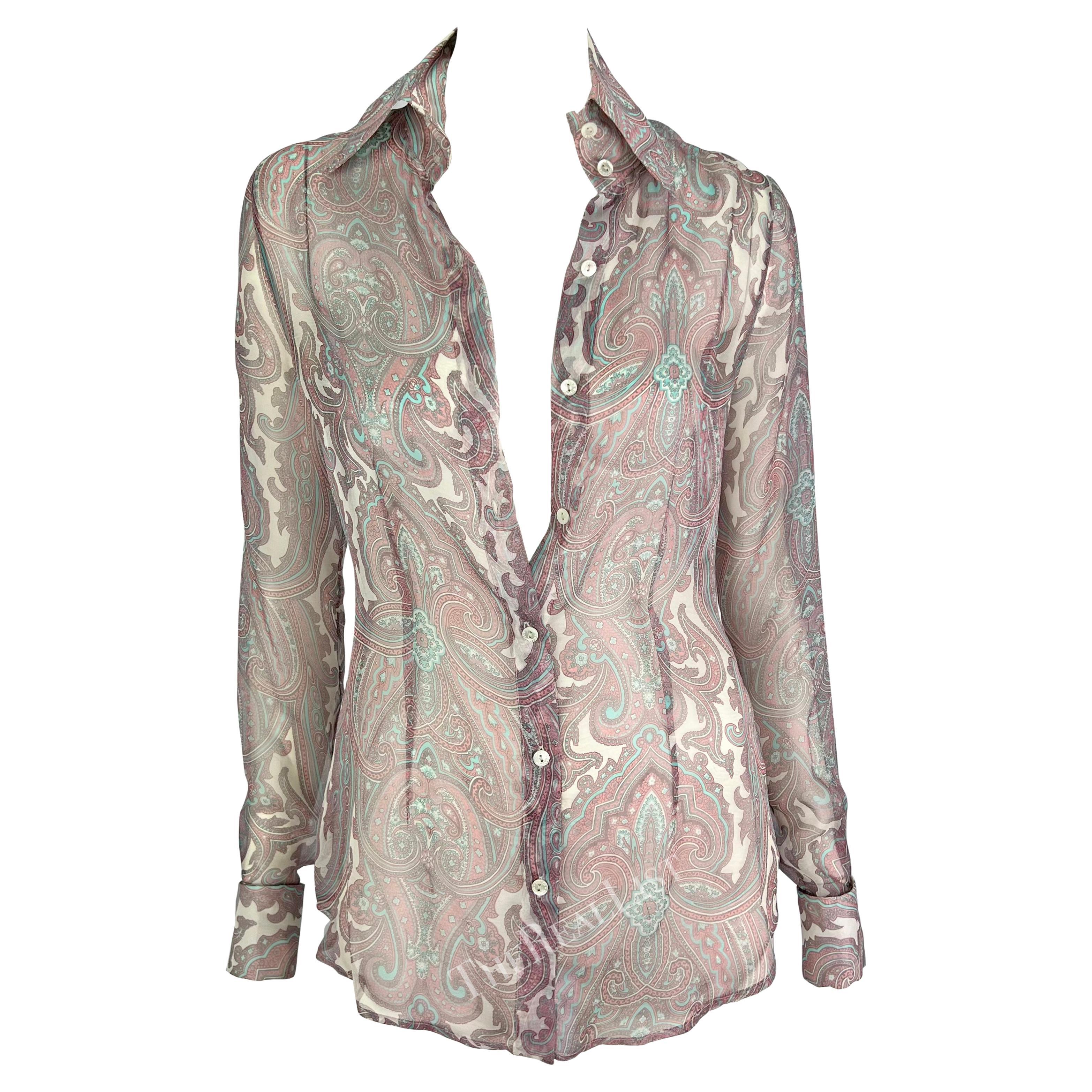 S/S 2000 Dolce & Gabbana Pink Paisley Sheer Button Rhinestone Cuff Shirt For Sale
