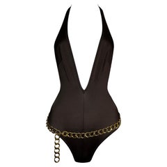 S/S 2000 Dolce & Gabbana Plunging Brown Swimsuit w Gold Chain Belt