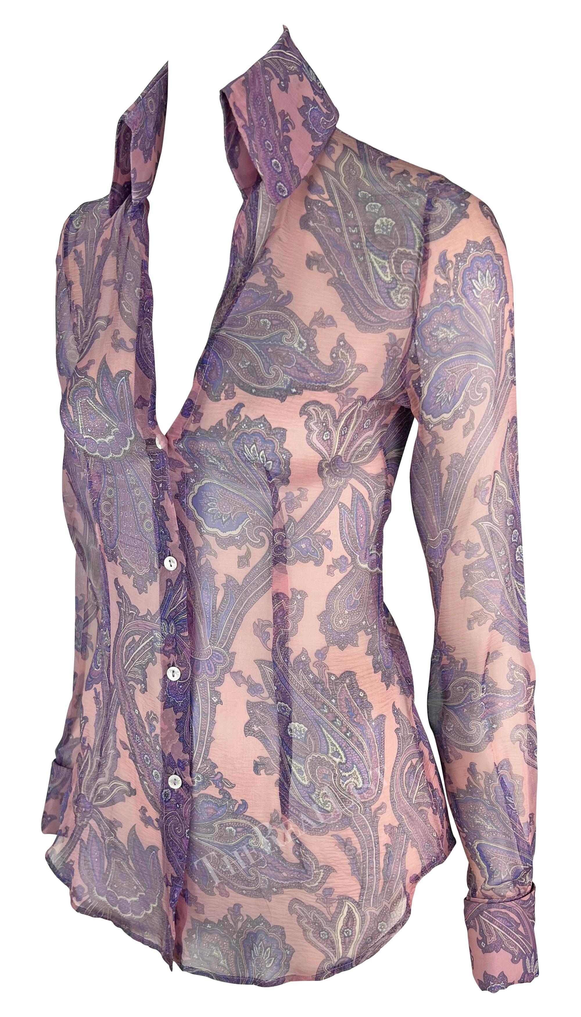 Women's S/S 2000 Dolce & Gabbana Purple Sheer Paisley Runway Button Rhinestone Cuff Top For Sale