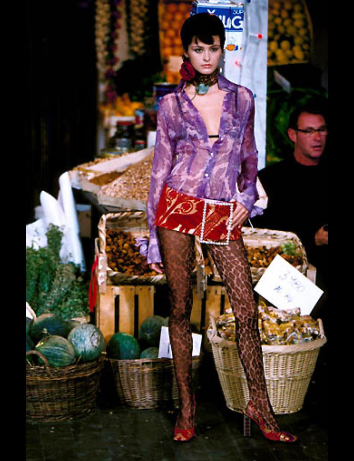 S/S 2000 Dolce & Gabbana Purple Sheer Paisley Runway Button Rhinestone Cuff Top For Sale 1