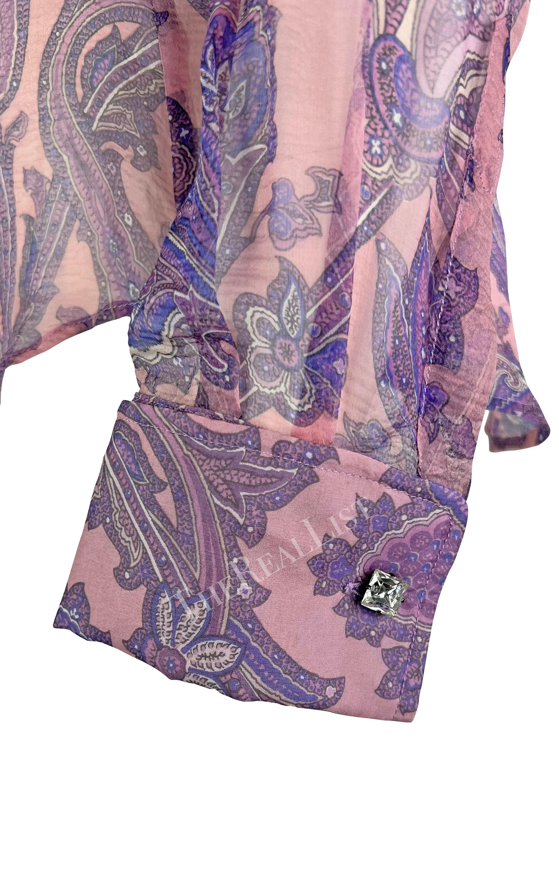 S/S 2000 Dolce & Gabbana Purple Sheer Paisley Runway Button Rhinestone Cuff Top For Sale 3