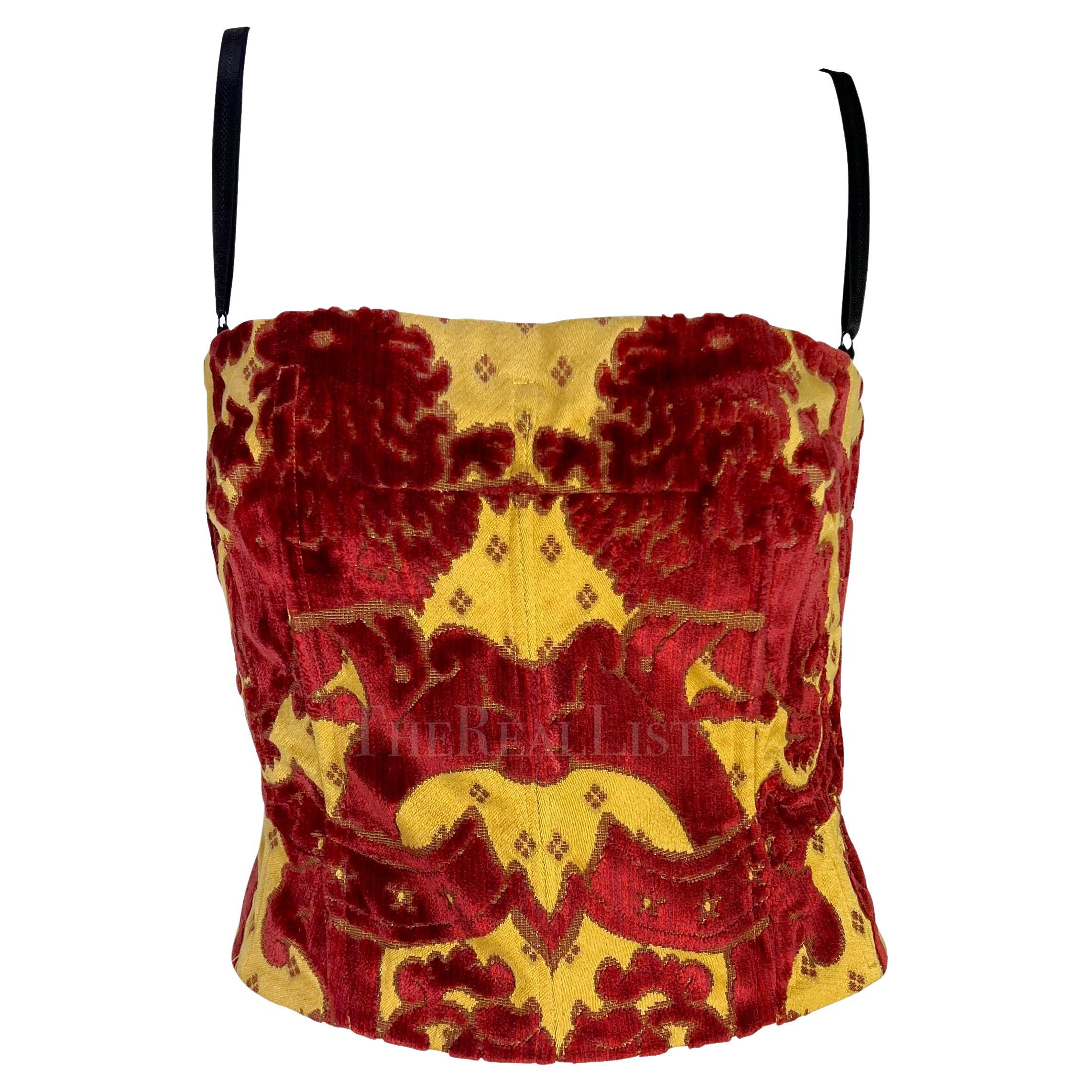 Bustier corset en velours doré et tapisserie rouge publicitaire Dolce & Gabbana Runway P/E 2000 en vente