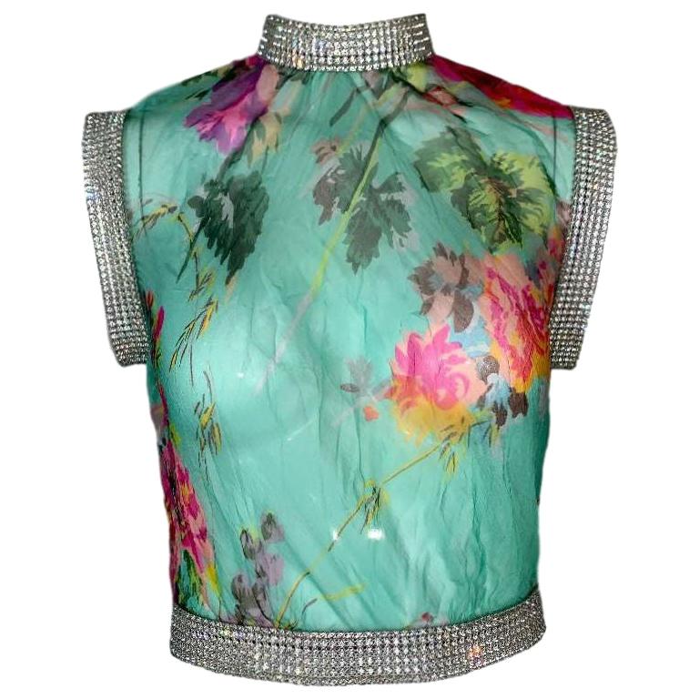 Rund ned kom sammen aflevere S/S 2000 Dolce and Gabbana Sheer Floral Silk Crop Top w Crystals For Sale  at 1stDibs