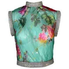 S/S 2000 Dolce & Gabbana Sheer Floral Silk Crop Top w Crystals