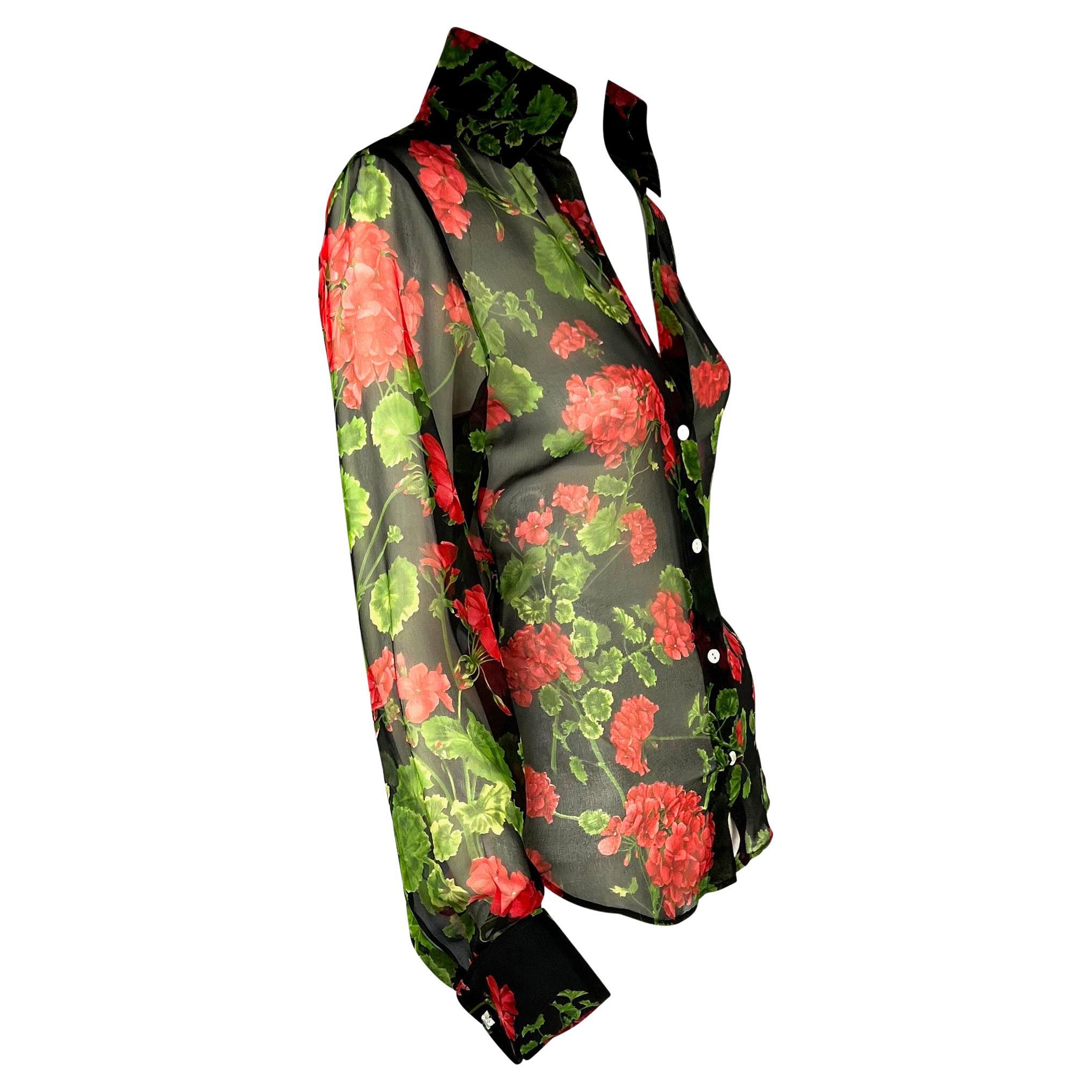 Black S/S 2000 Dolce & Gabbana Sheer Red Floral Print Silk Rhinestone Button Up Blouse For Sale