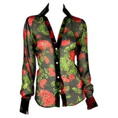 S/S 2000 Dolce & Gabbana Sheer Red Floral Print Silk Rhinestone Button Up Blouse