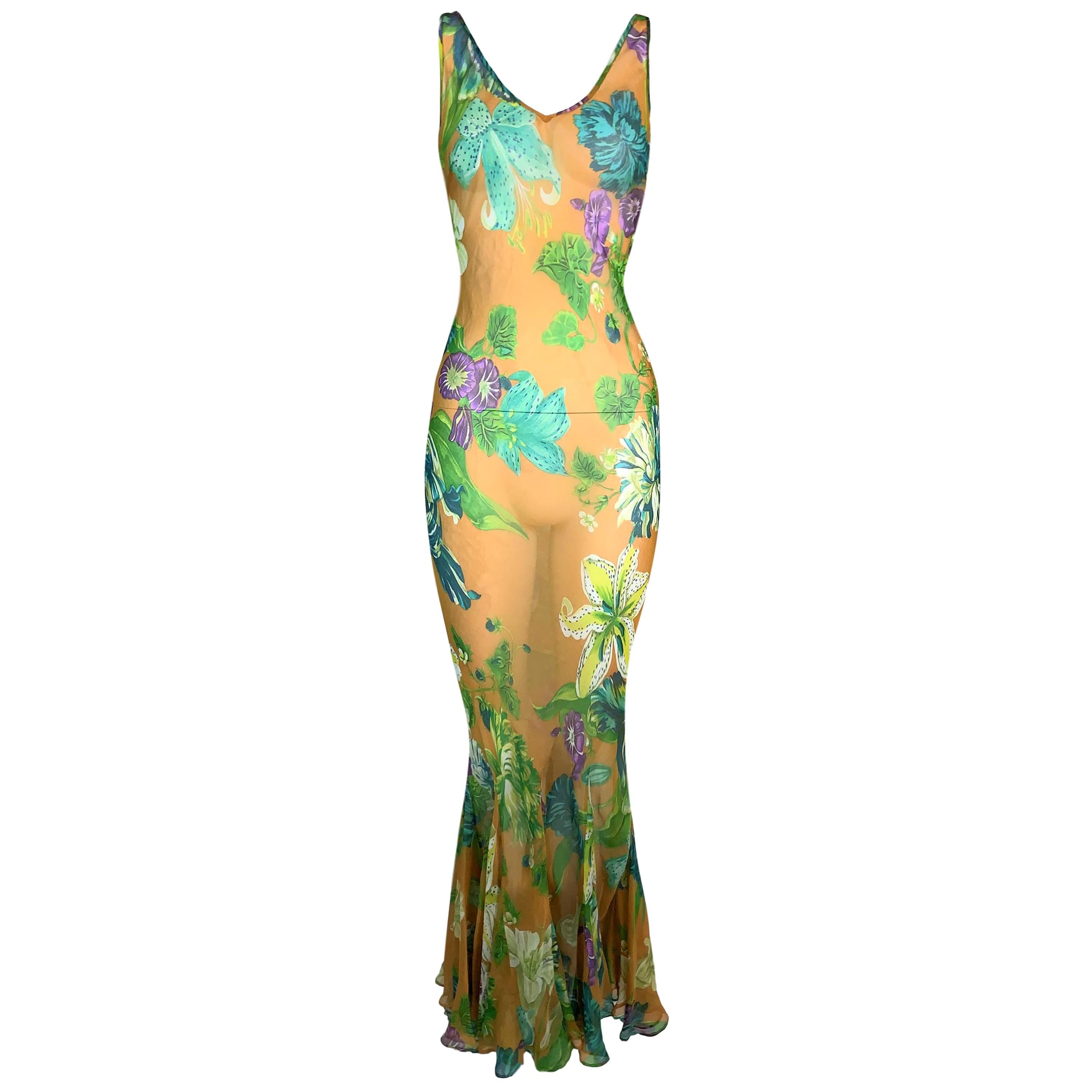 S/S 2000 Dolce & Gabbana Sheer Yellow Floral Silk Long Mermaid Dress