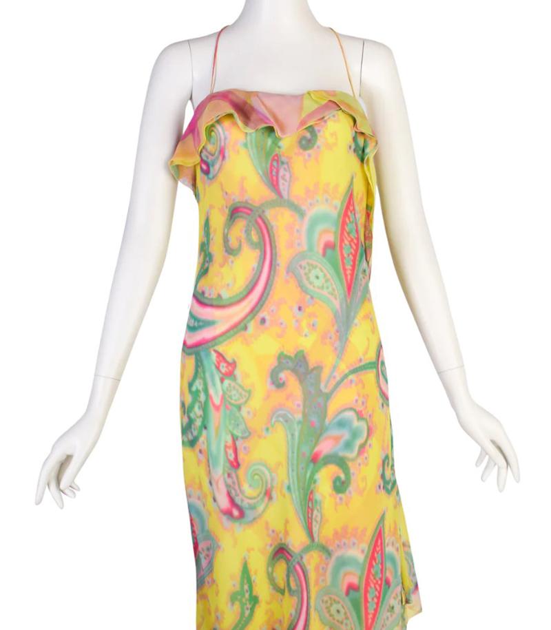 S/S 2000 EMANUEI UNGARO VINTAGE Silk Chartreuse Airbrush Paisley Asymmetrica In Excellent Condition In Montgomery, TX