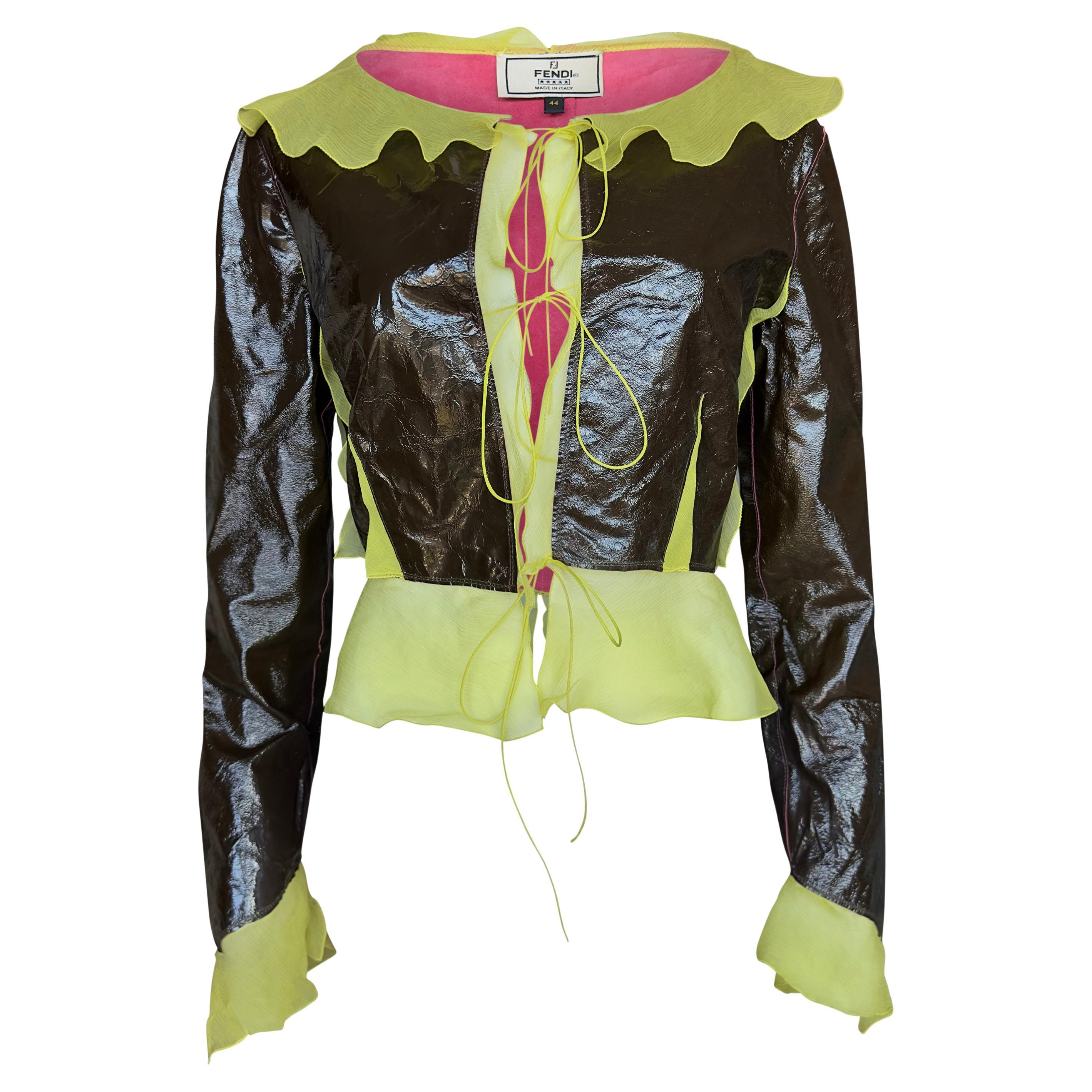 S/S 2000 Fendi by Karl Lagerfeld A Patent Leather Lime Silk Chiffon Jacket