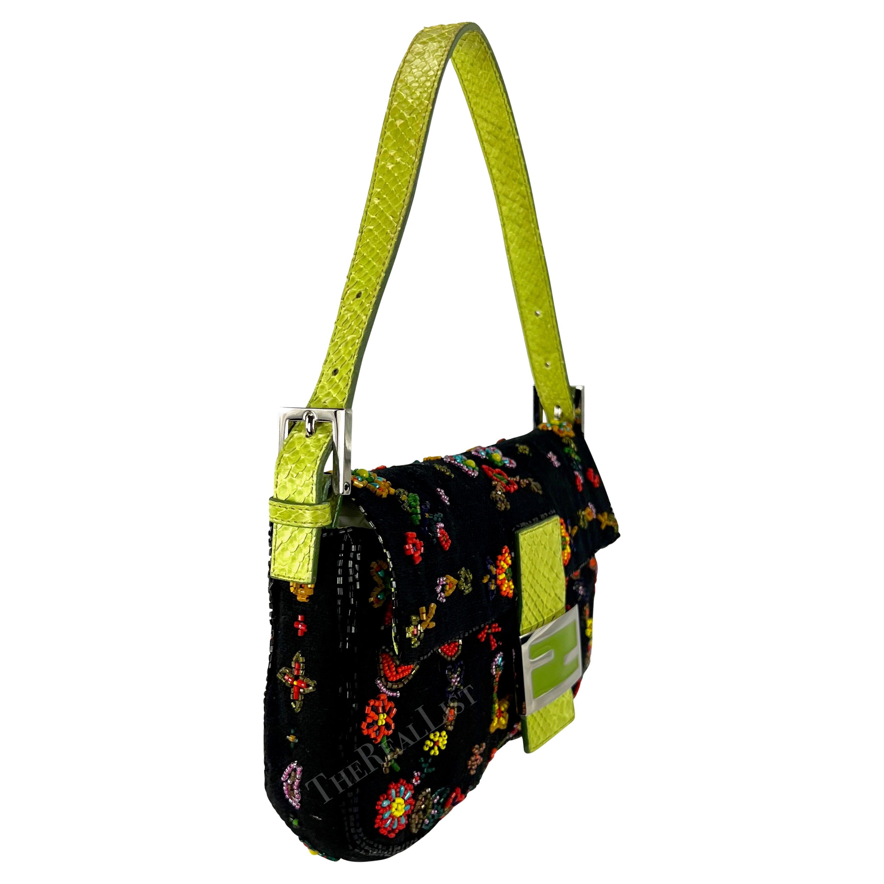 S/S 2000 Fendi by Karl Lagerfeld Black Canvas Green Python Beaded Baguette 6