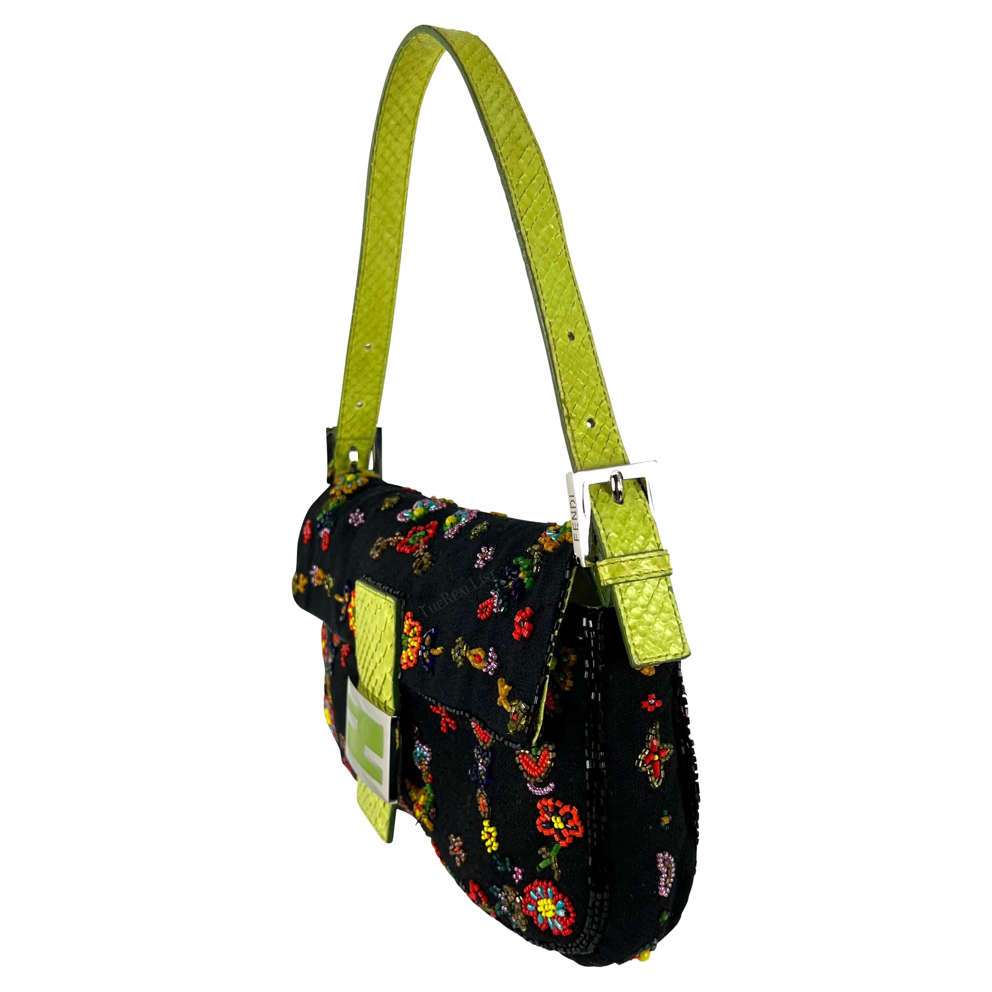 Women's S/S 2000 Fendi by Karl Lagerfeld Black Canvas Green Python Beaded Baguette