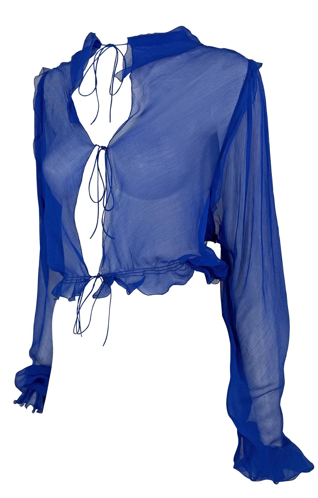 Women's S/S 2000 Fendi by Karl Lagerfeld Runway Sheer Royal Blue Silk Chiffon Top For Sale