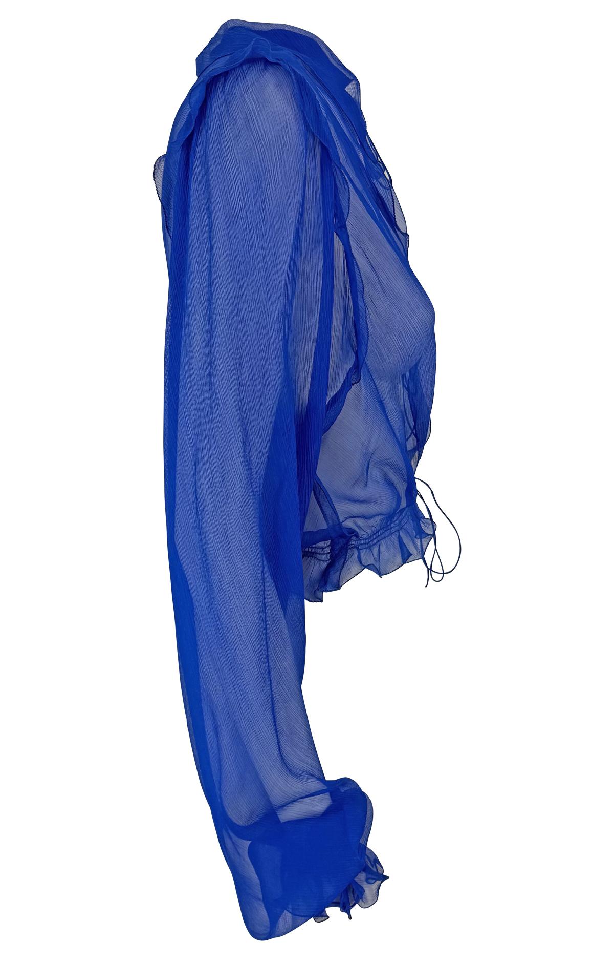S/S 2000 Fendi by Karl Lagerfeld Runway Sheer Royal Blue Silk Chiffon Top For Sale 3