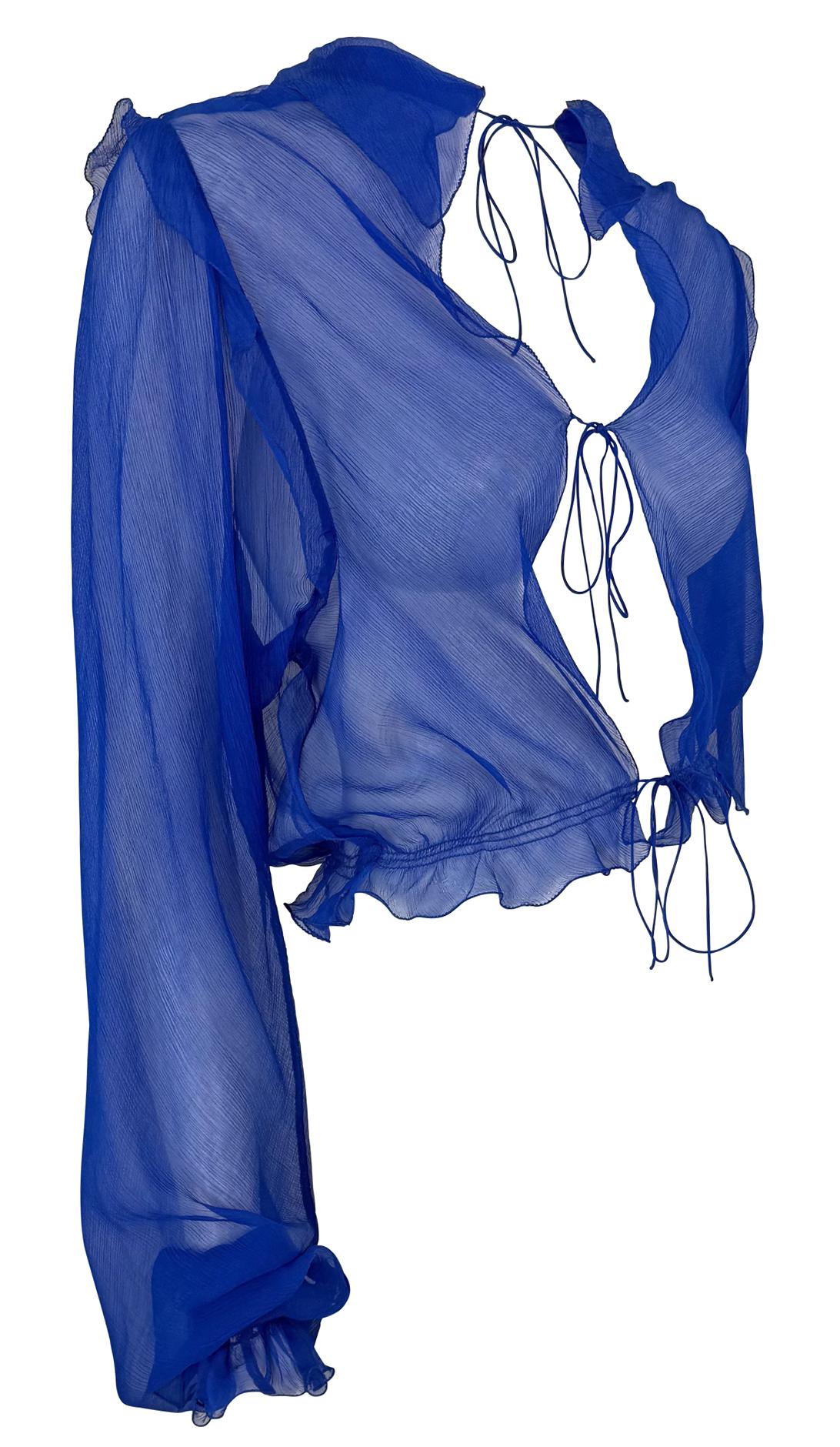 S/S 2000 Fendi by Karl Lagerfeld Runway Sheer Royal Blue Silk Chiffon Top For Sale 4