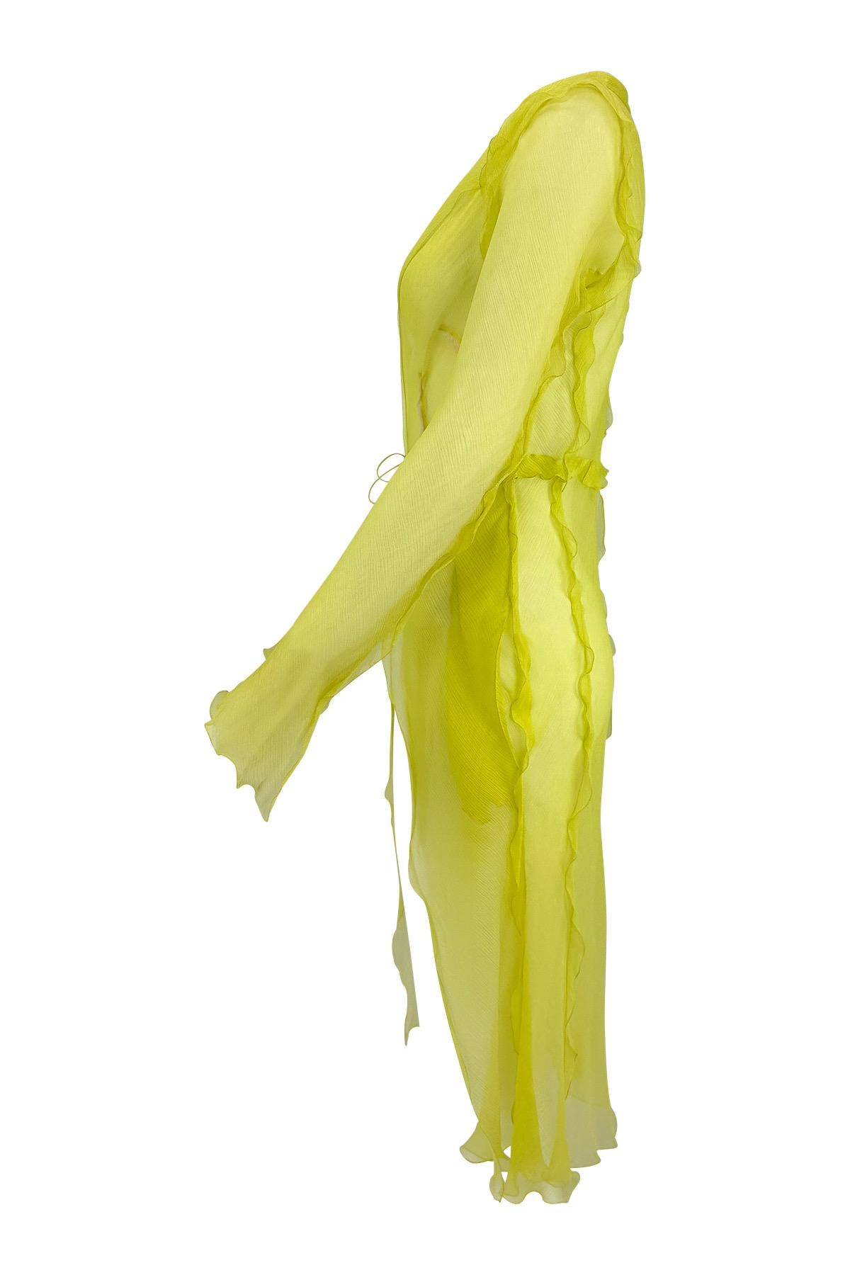S/S 2000 Fendi by Karl Lagerfeld Sheer Acid Green Chiffon Ruffle Dress Coverup en Excelente estado para la venta en West Hollywood, CA