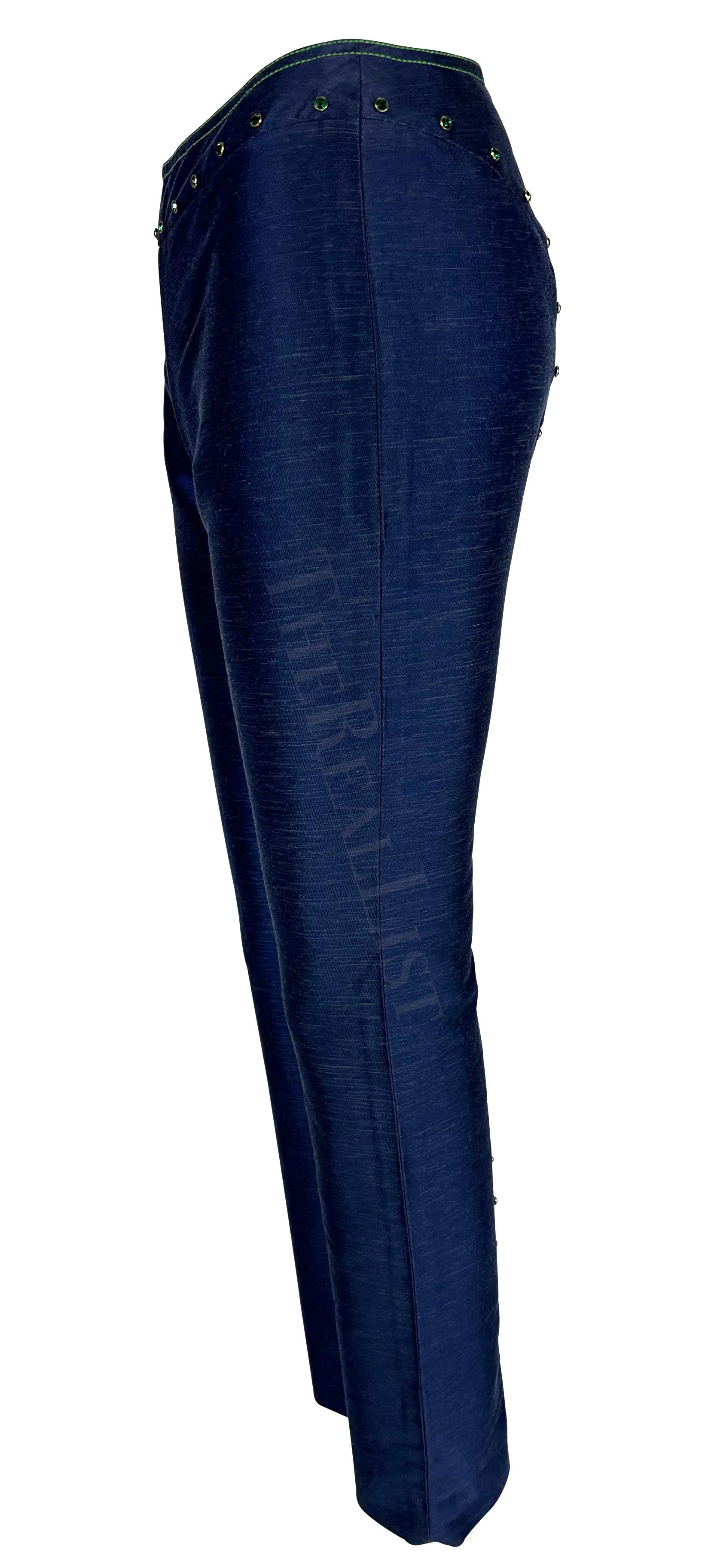 S/S 2000 Gianni Versace by Donatella Blue Chambray Rhinestone Runway Pants For Sale 1