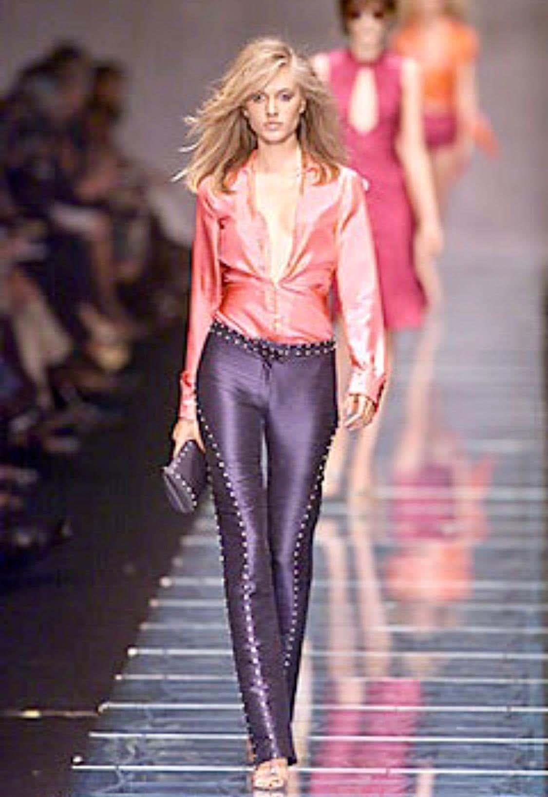 S/S 2000 Gianni Versace by Donatella Blue Chambray Rhinestone Runway Pants For Sale 2