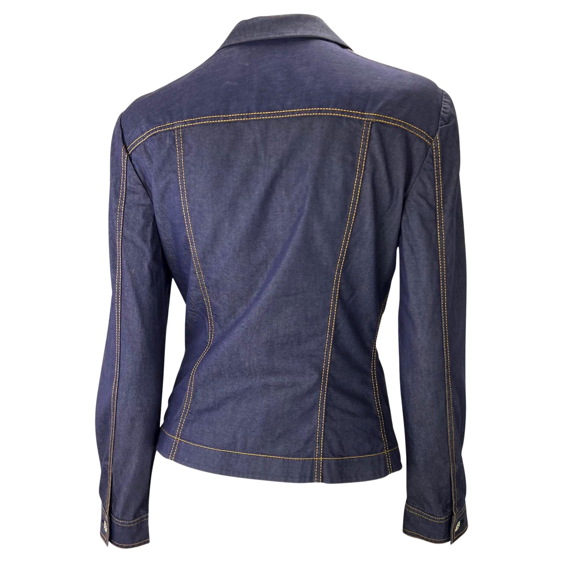Black S/S 2000 Gianni Versace by Donatella Chambray Iridescent Button Up Jacket Top  For Sale