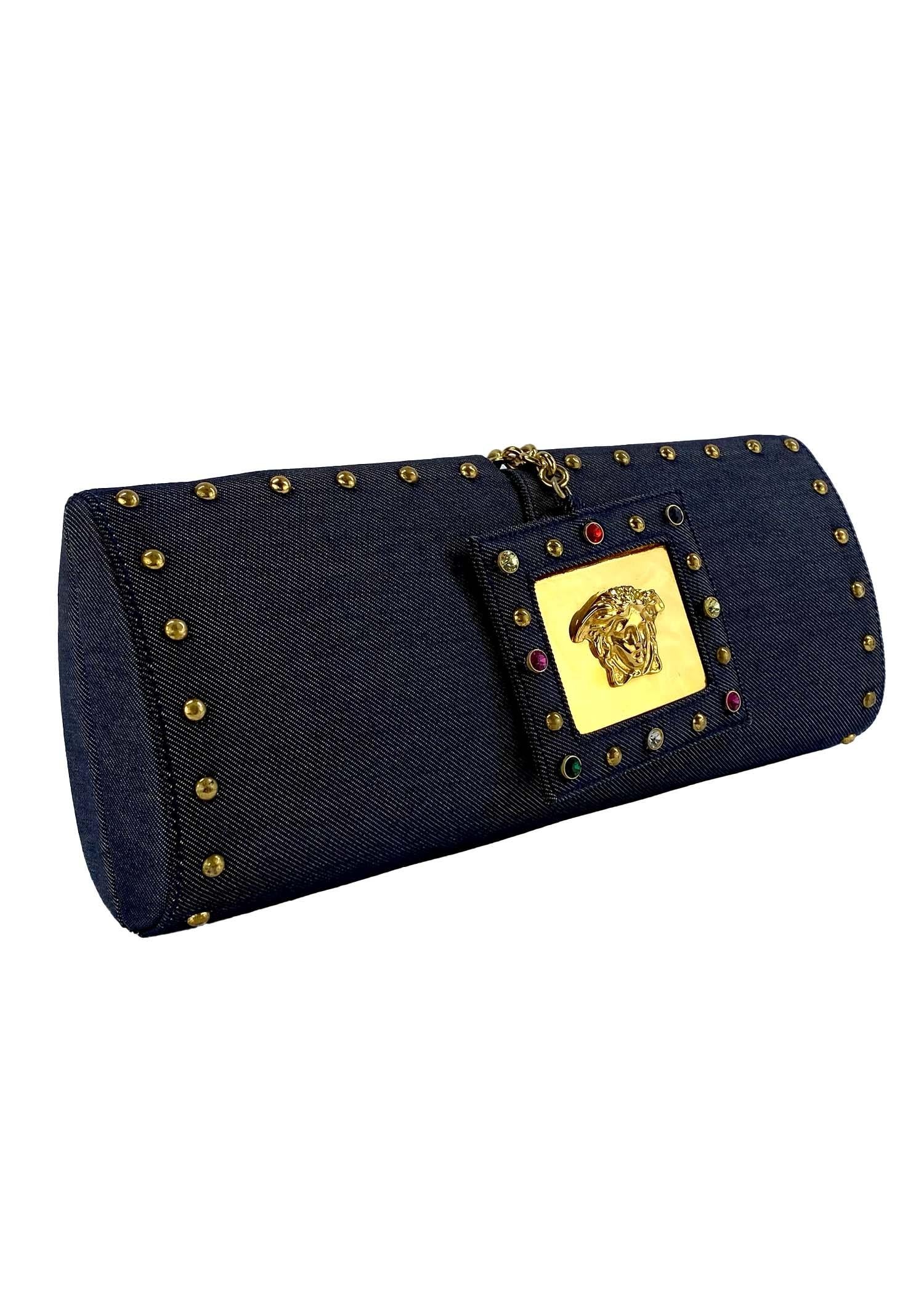 S/S 2000 Gianni Versace by Donatella Denim Medusa Jewel Clutch In Good Condition For Sale In West Hollywood, CA