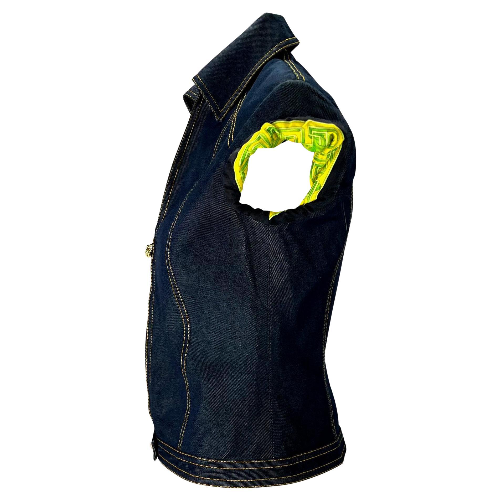 Black S/S 2000 Gianni Versace by Donatella Denim Medusa Silk Jungle Sleeveless Top