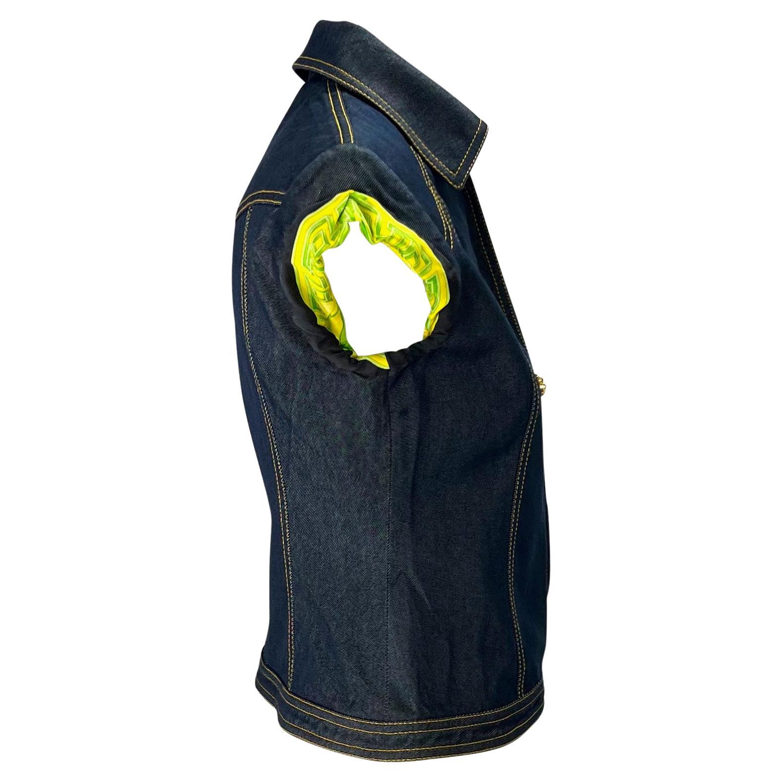 Women's or Men's S/S 2000 Gianni Versace by Donatella Denim Medusa Silk Jungle Sleeveless Top