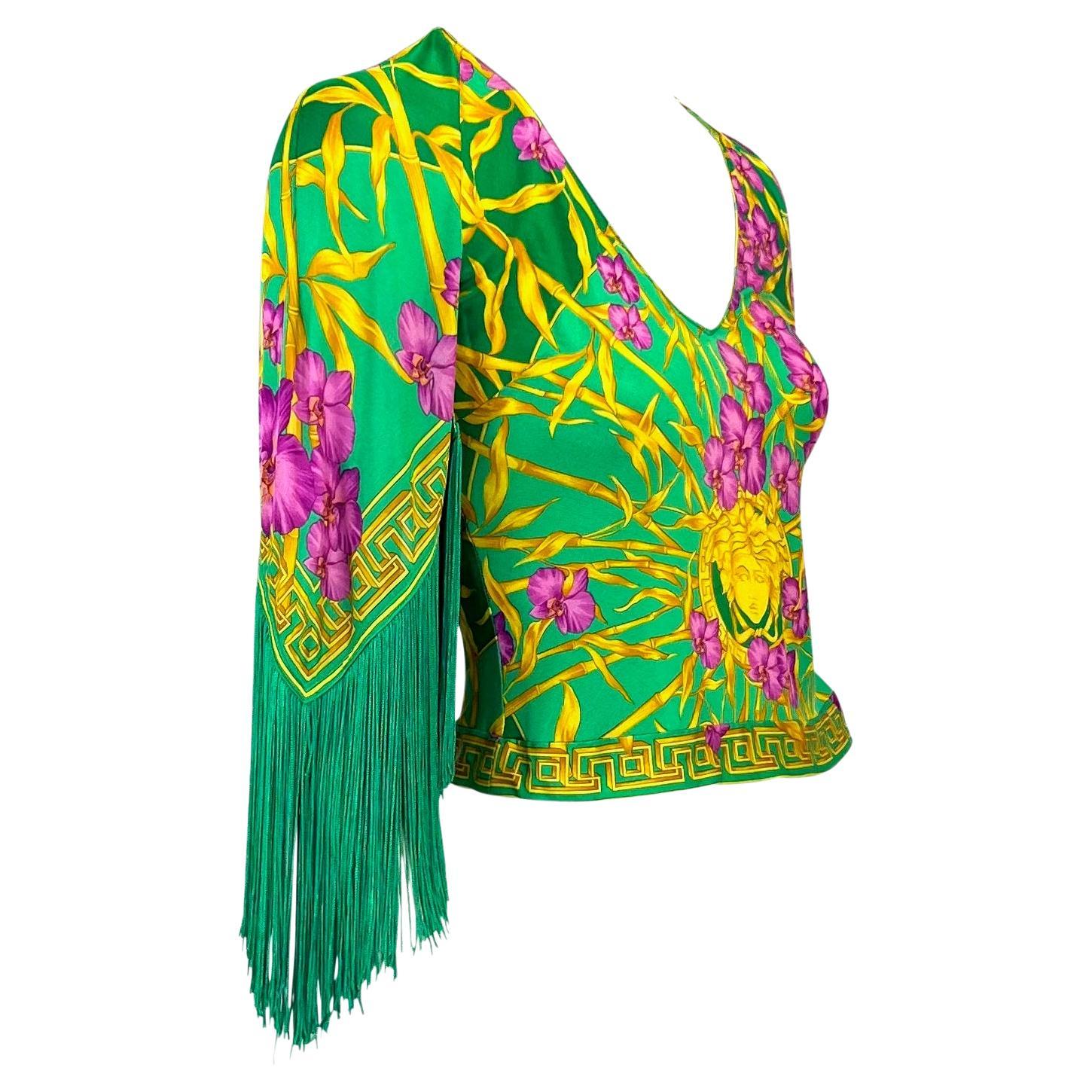 S/S 2000 Gianni Versace by Donatella Fringe Medusa Bamboo Orchid Jungle Top For Sale 3
