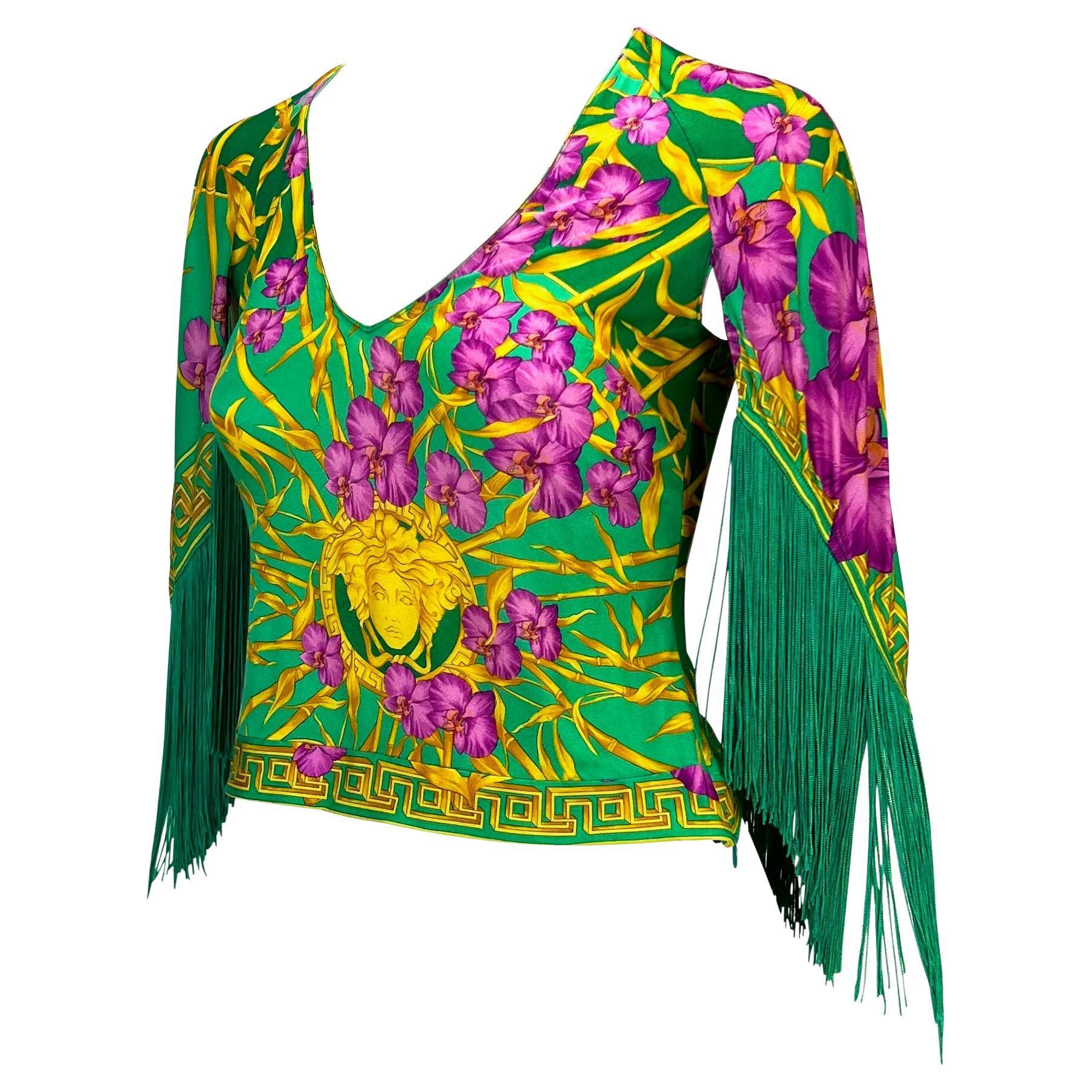 Donna P/E 2000 Donatella Versace for Gianni Versace con Frange Medusa Bamboo Orchid Jungle Top in vendita
