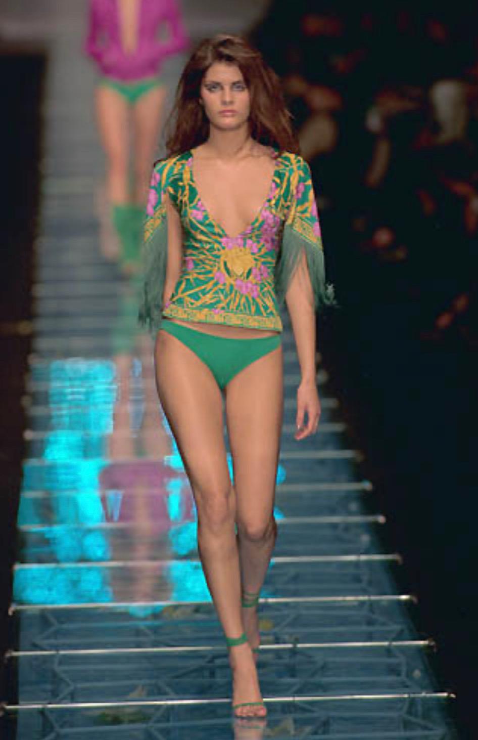 Blue S/S 2000 Gianni Versace by Donatella Fringe Medusa Bamboo Orchid Jungle Top For Sale