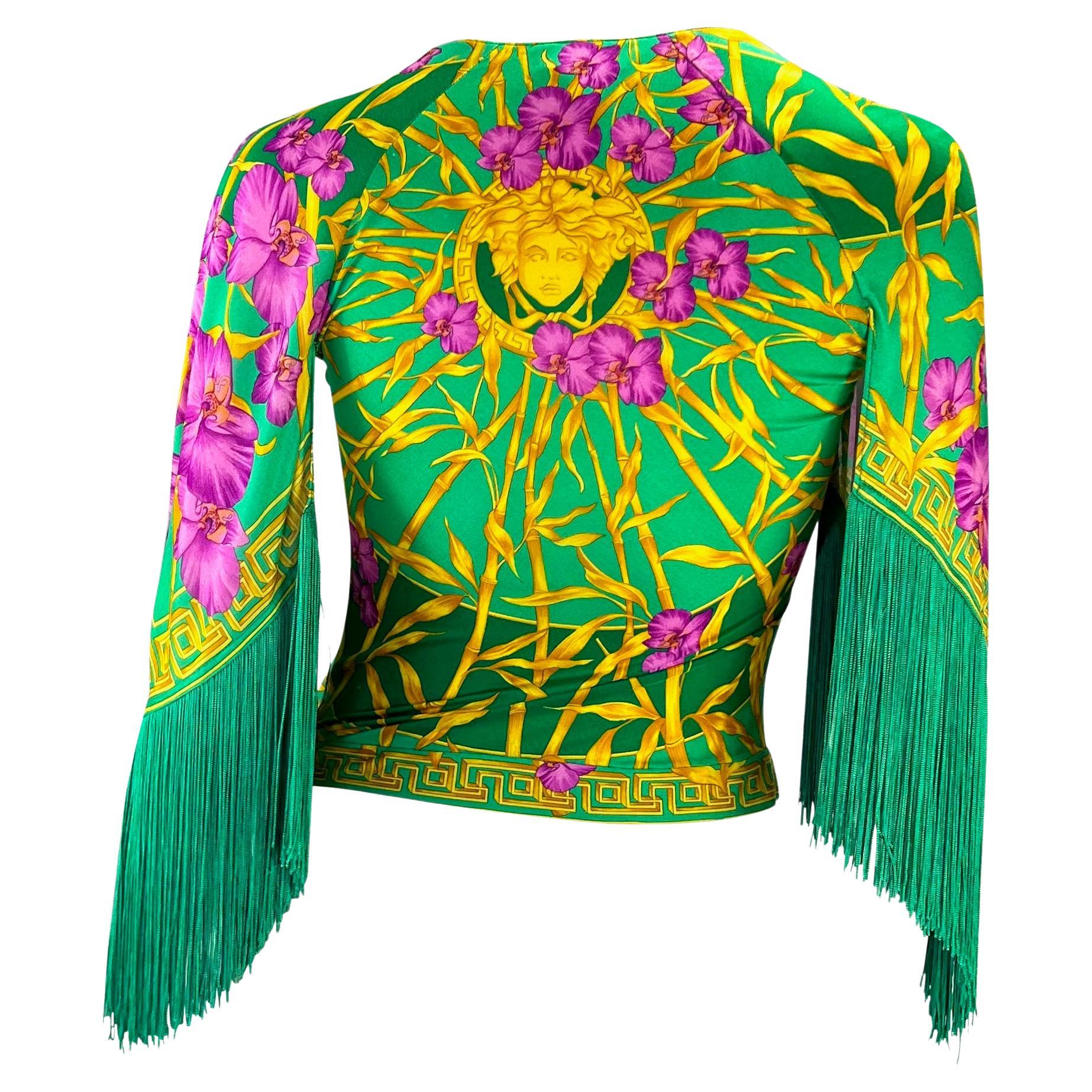 S/S 2000 Gianni Versace by Donatella Fringe Medusa Bamboo Orchid Jungle Top For Sale 1