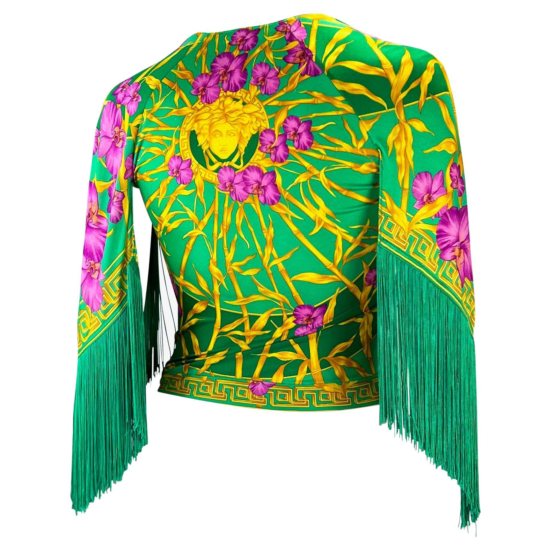 Women's S/S 2000 Gianni Versace by Donatella Fringe Medusa Bamboo Orchid Jungle Top For Sale