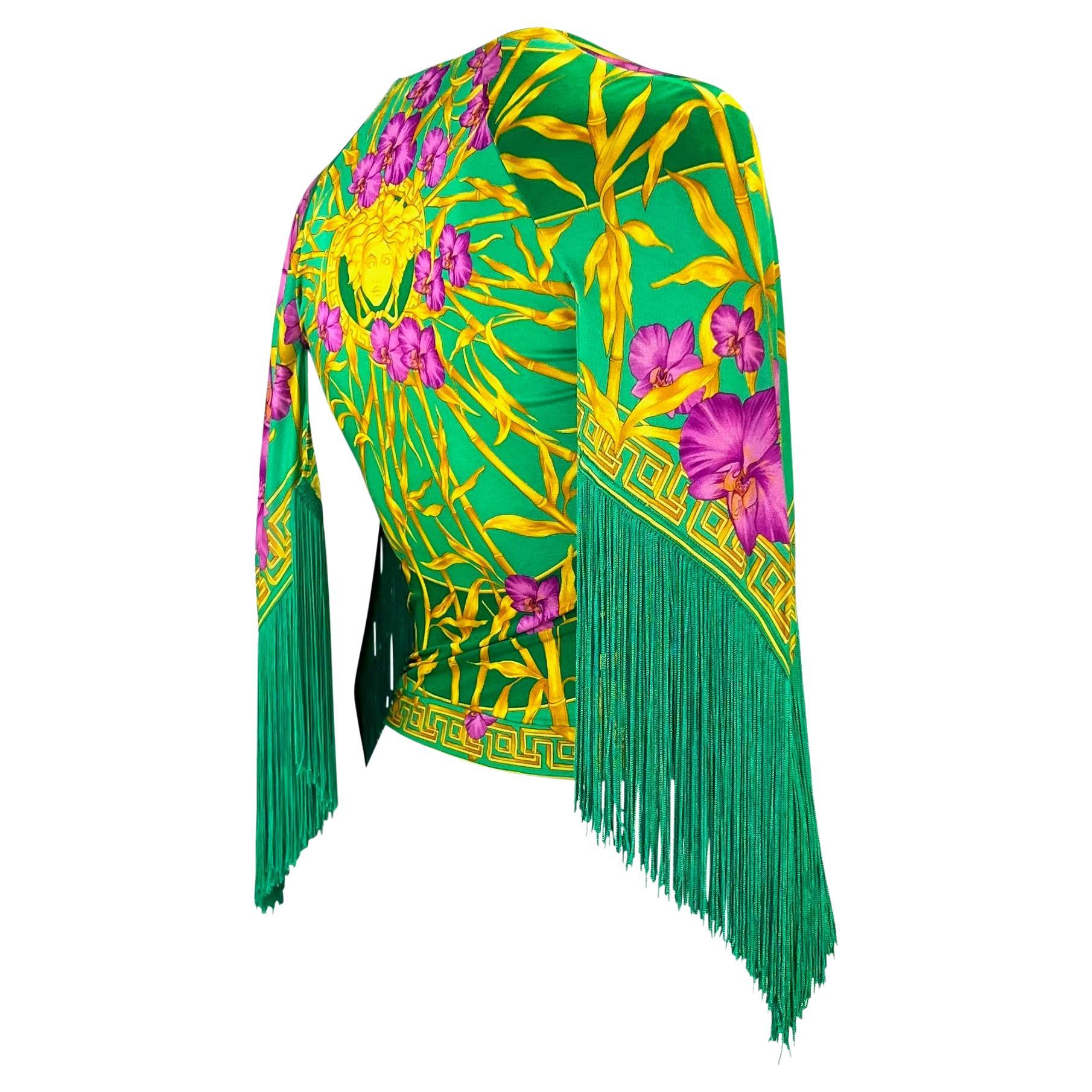 S/S 2000 Gianni Versace by Donatella Fringe Medusa Bamboo Orchid Jungle Top For Sale 1
